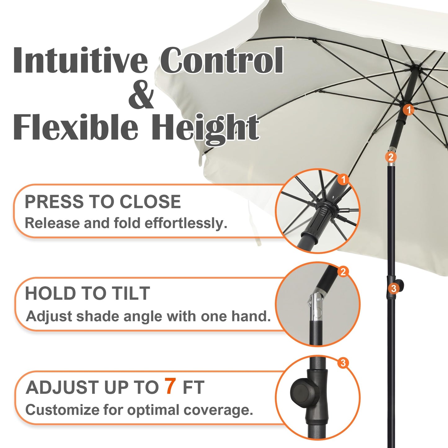 Blissun 6.5ft Patio Umbrella with Push Button Tilt & Height Adjustable, UV50+ Sun Protection with Sturdy Fiberglass Ribs & Iron Pole, Market Umbrella for Outdoor Table Garden Backyard Beach, Cream White