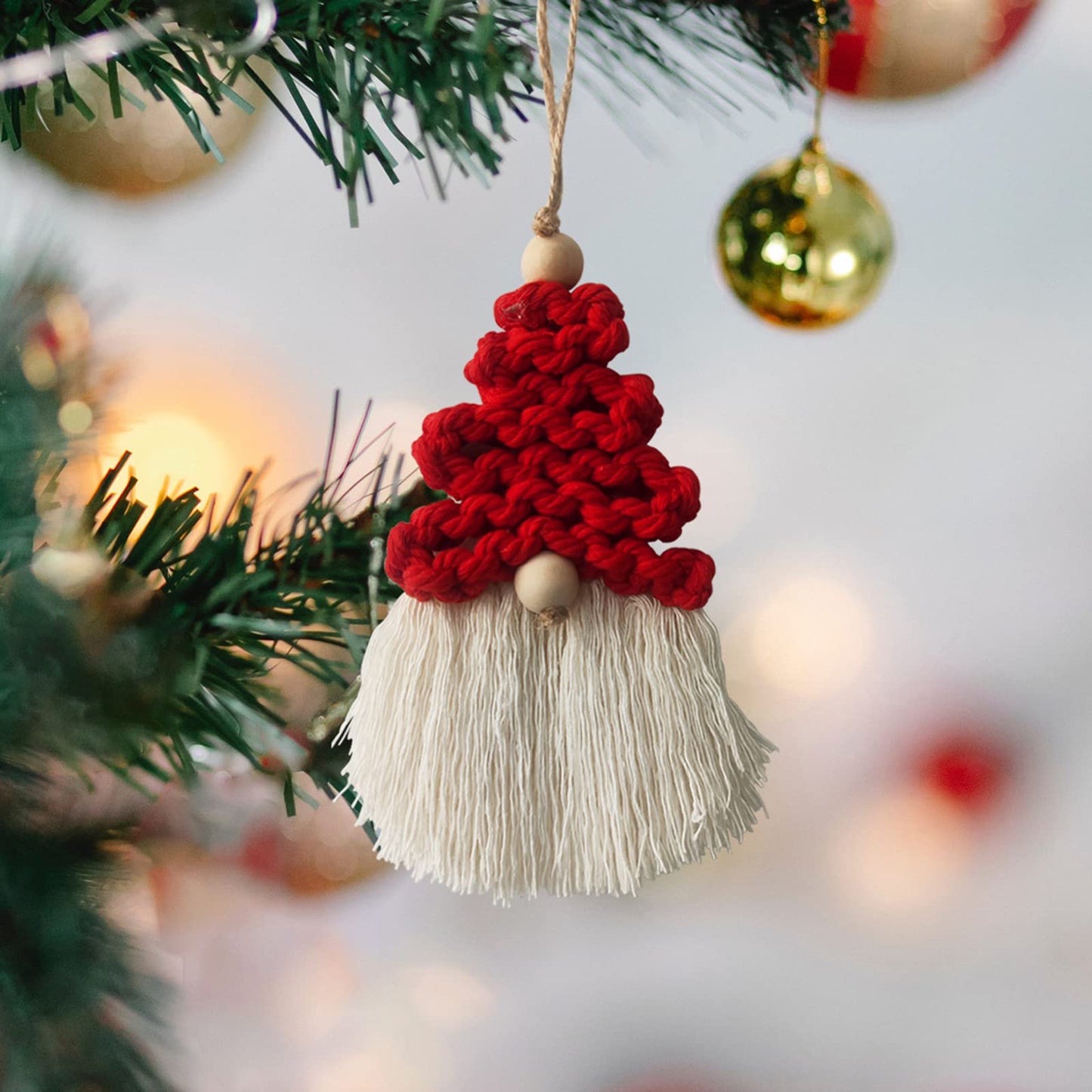 6 Pieces Macrame Christmas Gnome Ornaments, Boho Christmas Decorations Woven Gnome Xmas Ornaments Set for Christmas Tree Hanging for Xmas Party Living Room Dorm Nursery Room Craft Gifts (Red)