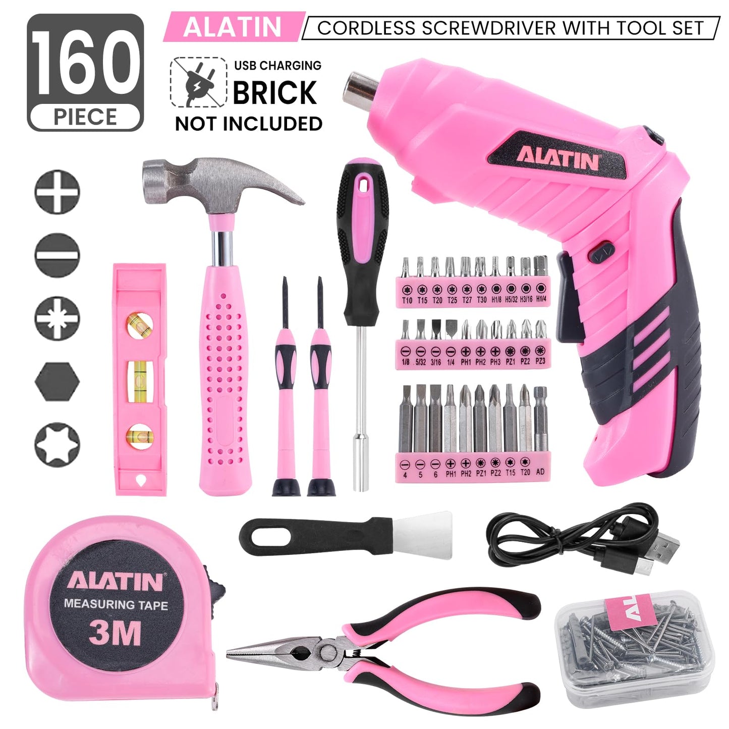 ALATIN Pink Tool Set for Women, 136 PCS Household Tool Kit with 3.6V USB Electric Screwdriver, Cordless Lithium-ion Drill Driver, Home Improvement Hand Tools for DIY Projects