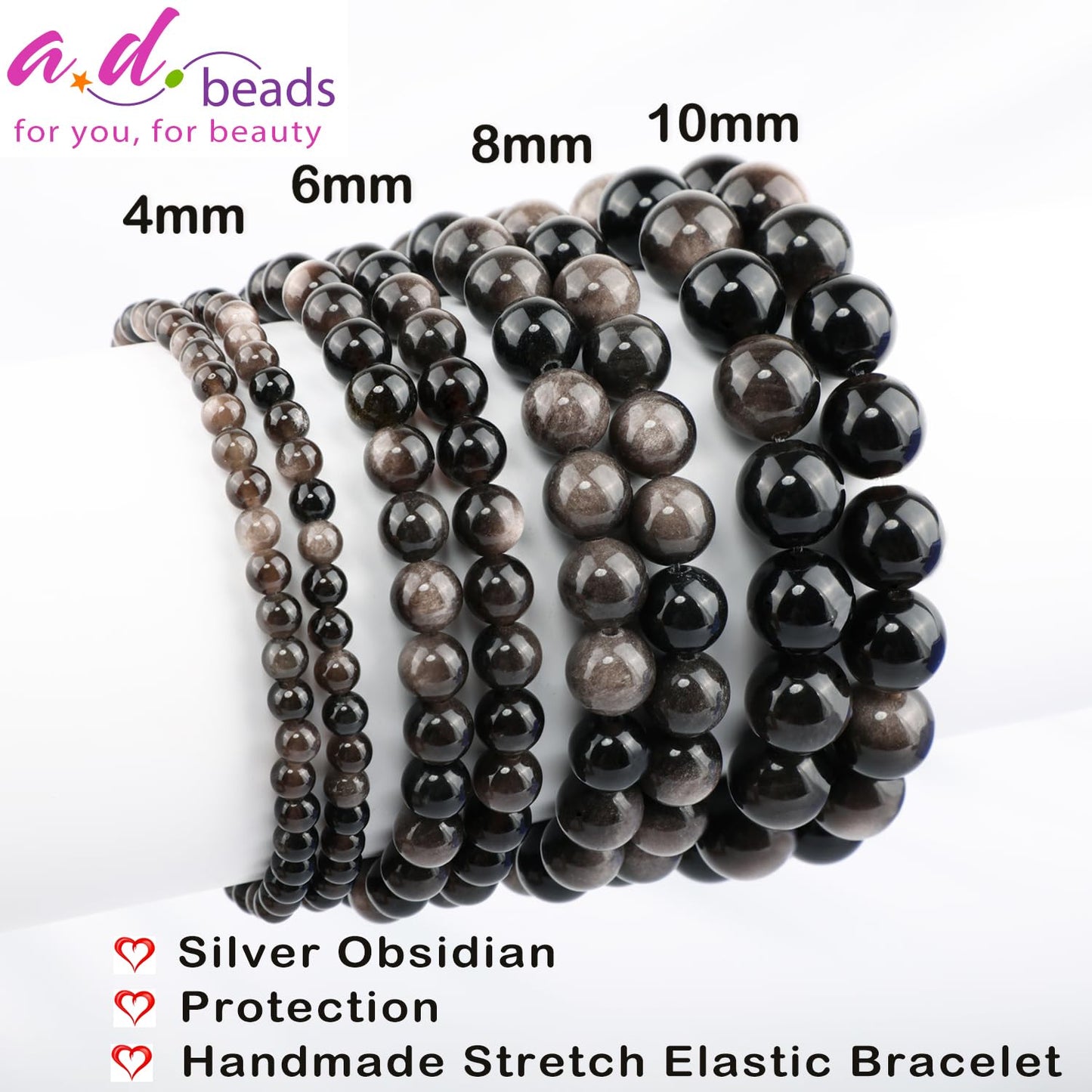 AD Beads 6mm Handmade Silver Obsidian Elastic Bracelet – Natural Gemstone for Protection – Meditation, Yoga, Healing and Energy Gift for Men Women