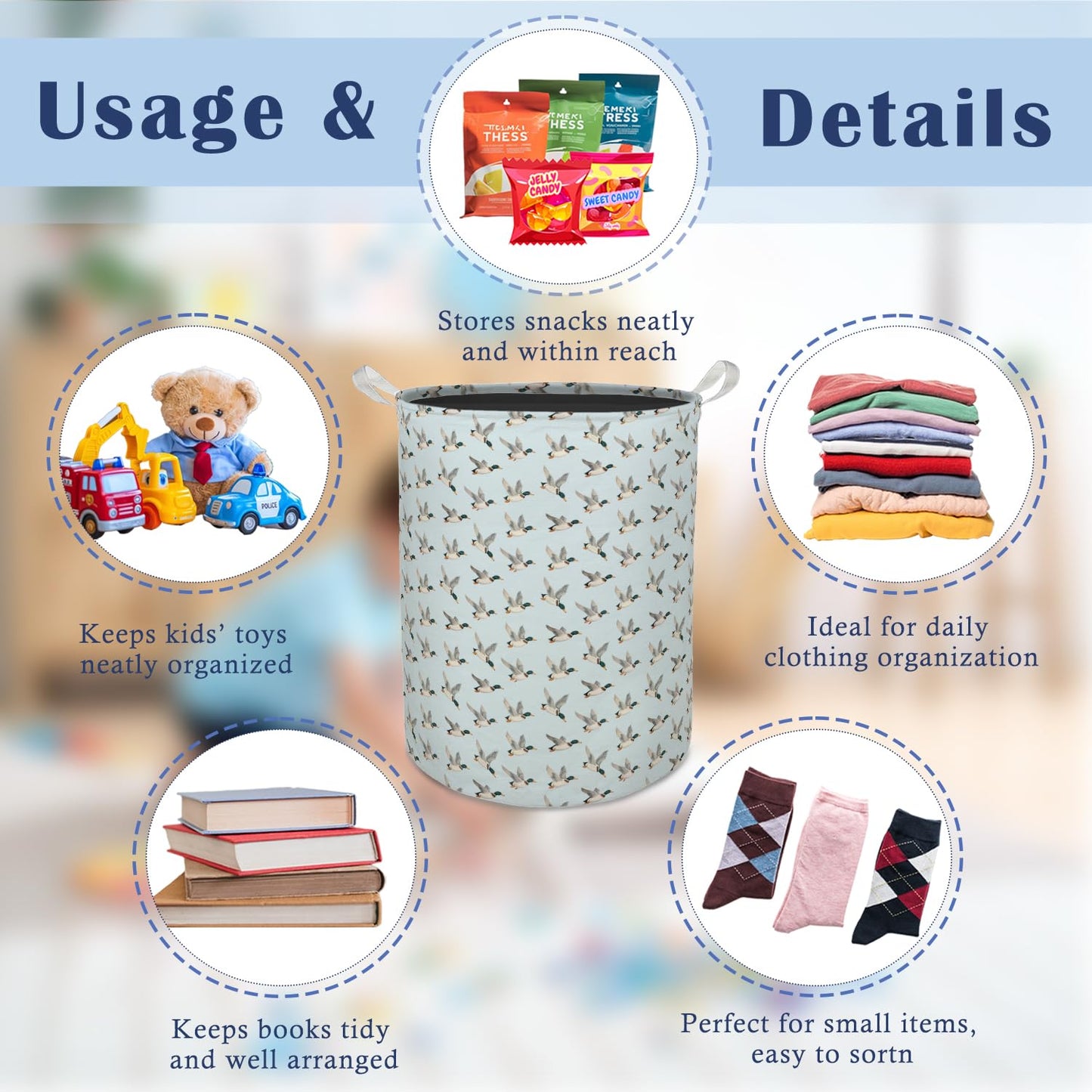 TAZSWDMM Blue Mallard Duck Nursery Laundry Basket Hamper, Flying Mallard Duck Foldable Clothes Toys Books Storage Box Bins Baskets Organizer for Baby Boys Nursery Kids Room Bathroom