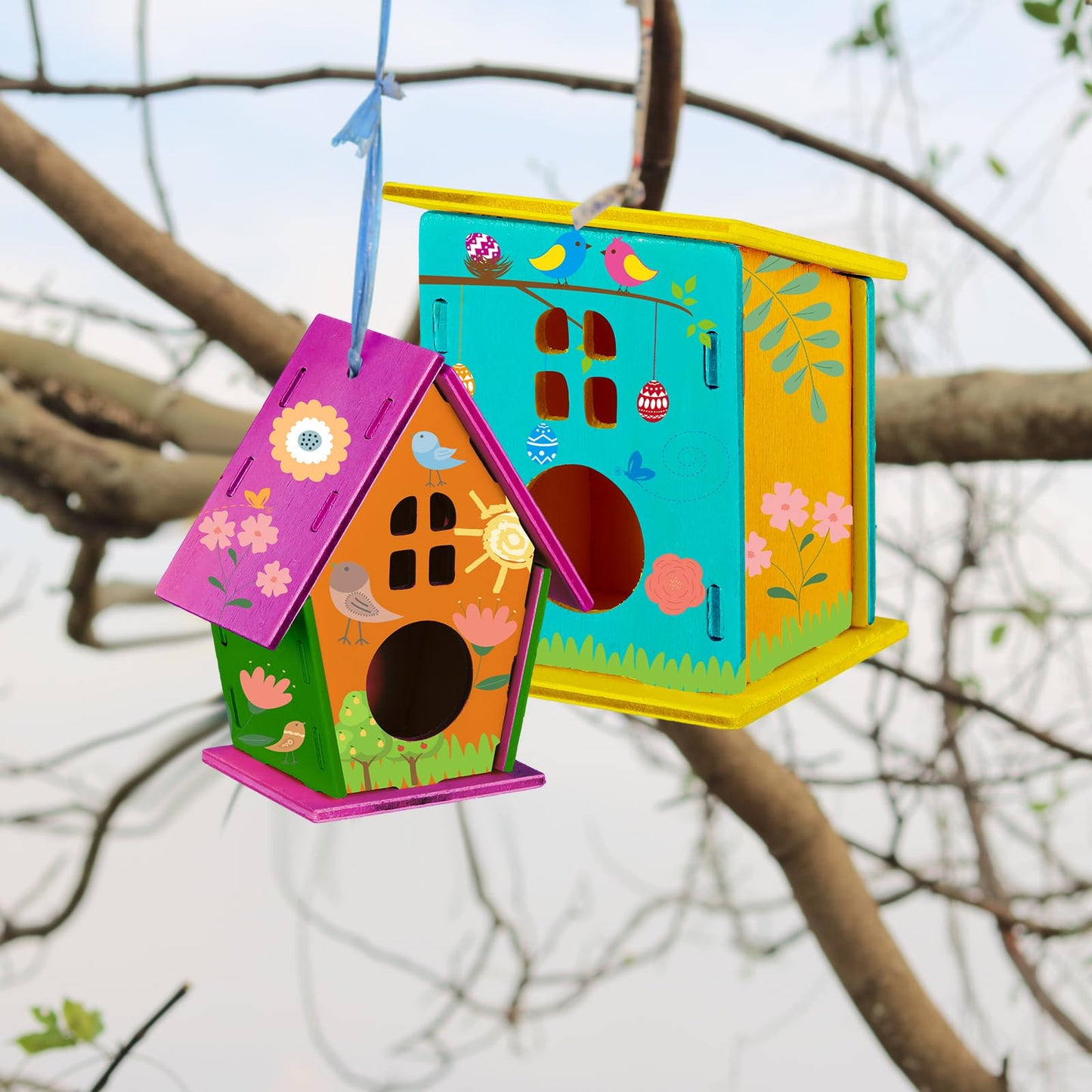 Sawysine 93 Pcs DIY Birdhouse Kits for Kids to Build, 36 Wooden Bird House 6 Shapes and 57 Butterfly Sticker for Children Spring Craft Activity Art Project DIY(Round Entrance)