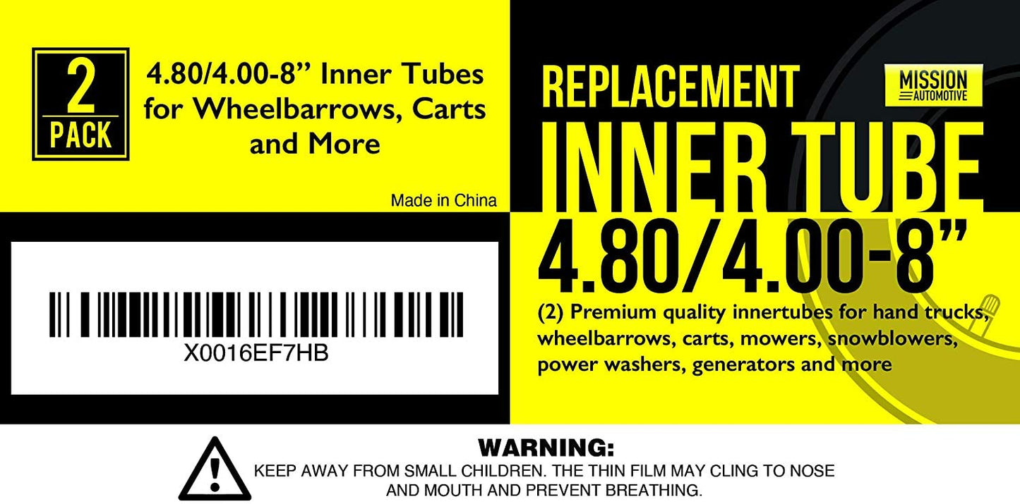 Mission Automotive 4.80/4.00-8 in Tire Inner Tubes for Wheelbarrow Wheels - Fits Trailer Tire Tube - Pack of 2