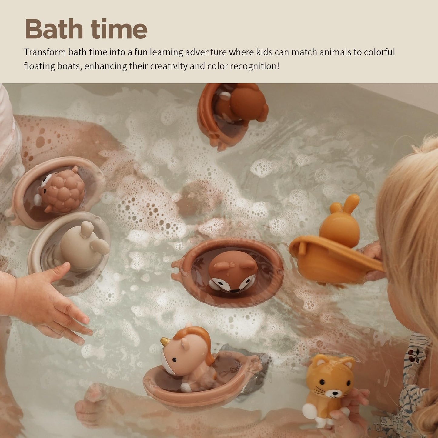 Nueplay Bathtub Toys for Toddlers 18M+，Baby Bath Toys with Animal Finger Puppets， Stackable Boat Train ，Gift for Baby & Toddlers Set of 12