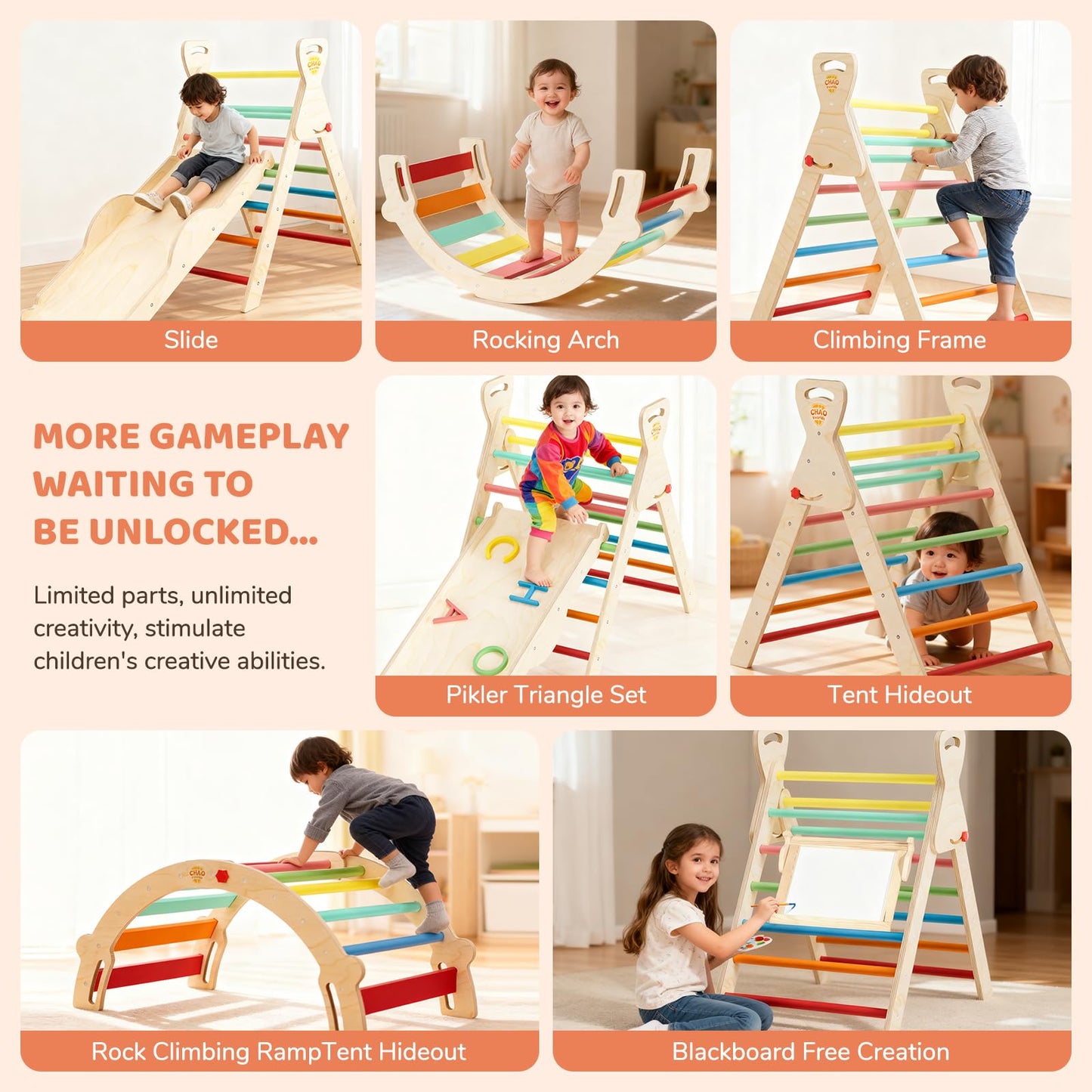 CHAO KWORLDS Pikler Triangle Set Foldable, Montessori Climbing Toys for Toddlers 1-3, Wooden Indoor Jungle Gym, 8-in-1 Toddler Climber with Slide & Arch, Space Saving Indoor Playground
