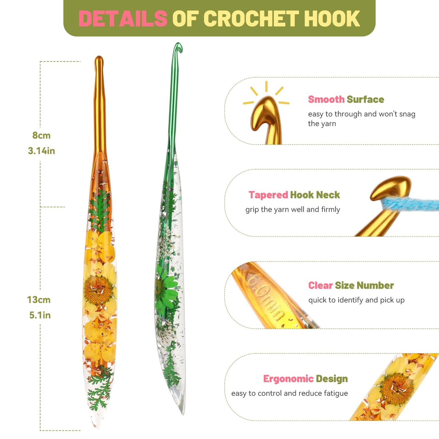 Aeelike Crochet Hooks Set, 3.0mm-6.0mm Ergonomic Crochet Hooks with Long Floral Handle-Super Shinny and Unique for DIY Crfats Blnaket Sweaters, Ideal & Beautiful Gifts for Mothers Crocheting Lovers