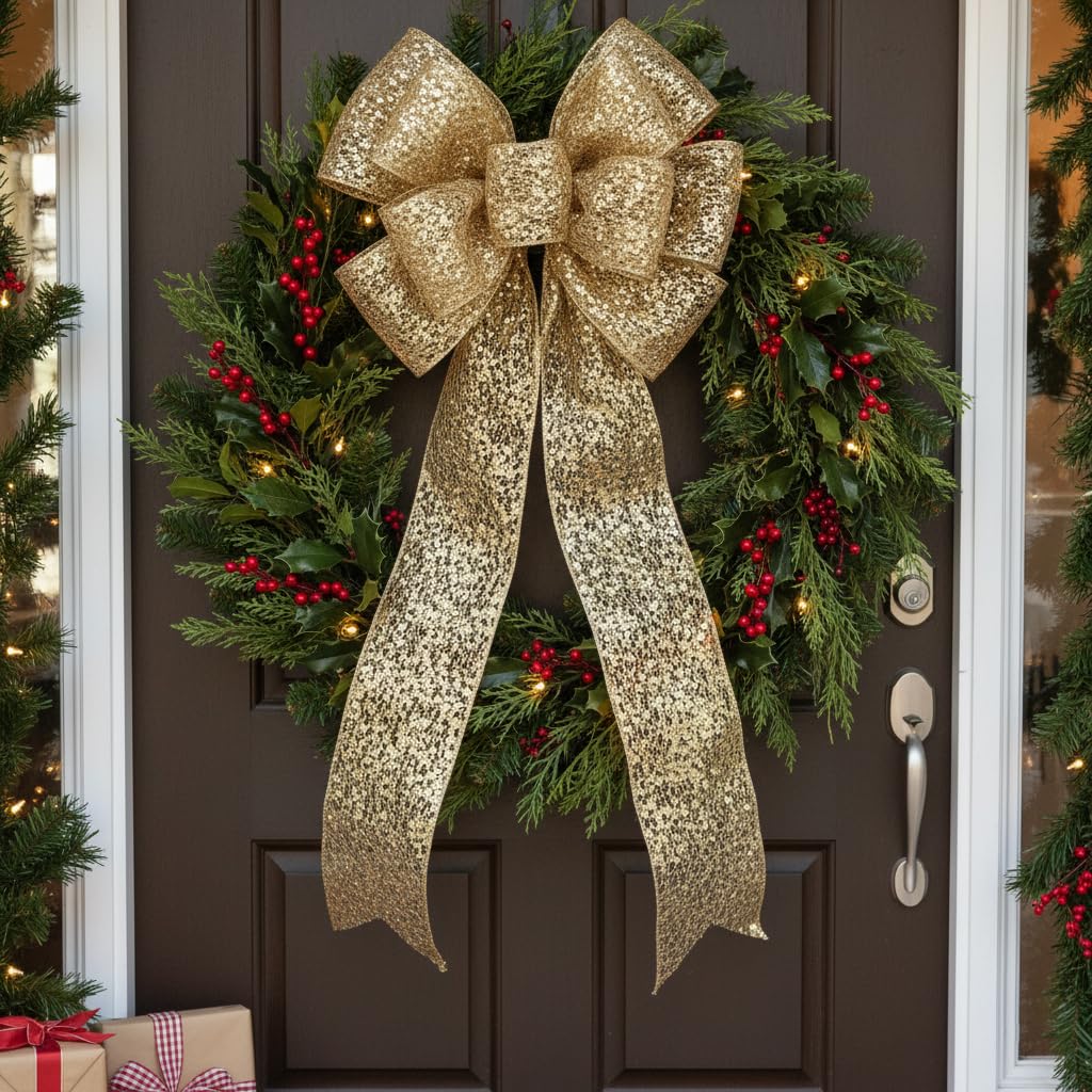 CT CRAFT LLC Sparkling Glitter Mesh Wired Ribbon 2.5" x 20 Yards Gold for Christmas Home Decor Bow Gift Wrapping DIY Crafts Wreath