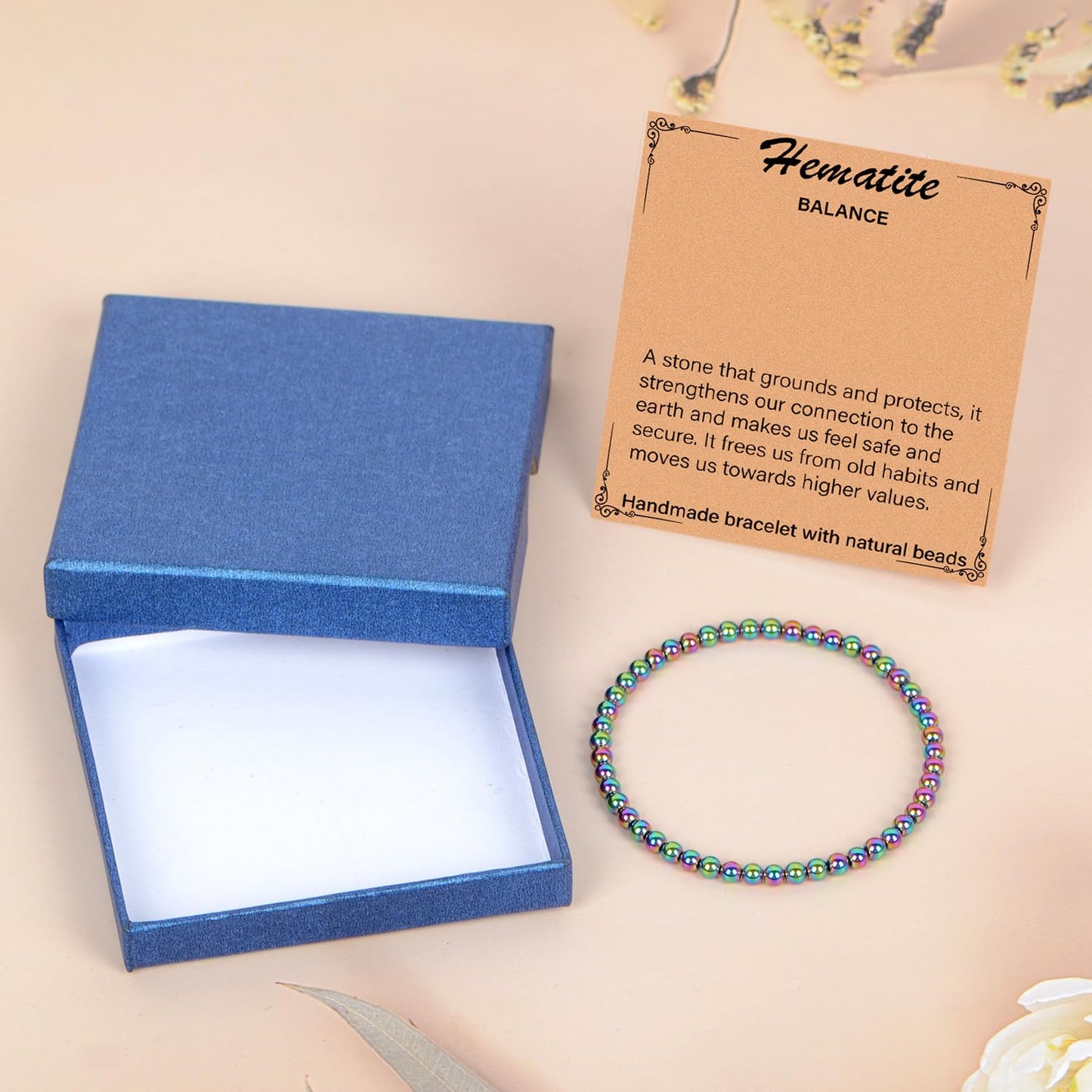 LPBeads Handmade Natural Gemstone Stretch Elastic 4mm Rainbow Coated Hematite Bracelet Healing Crystal Round Stone Beads Jewelry Gifts for Women Men