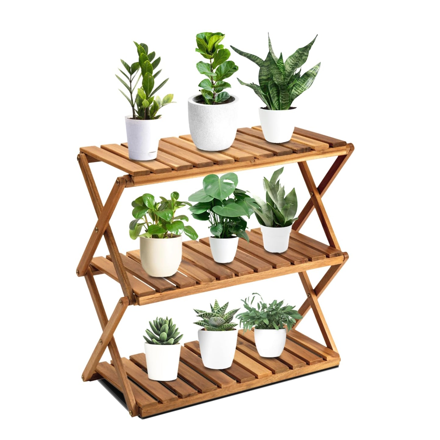 BEEFURNI Acacia Plant Stand Indoor, Wooden Outdoor Plant Stand, Foldable Plant Stand, 3 Tier Conner Space Flower Stand, Plant Ladder Stand (Natural)