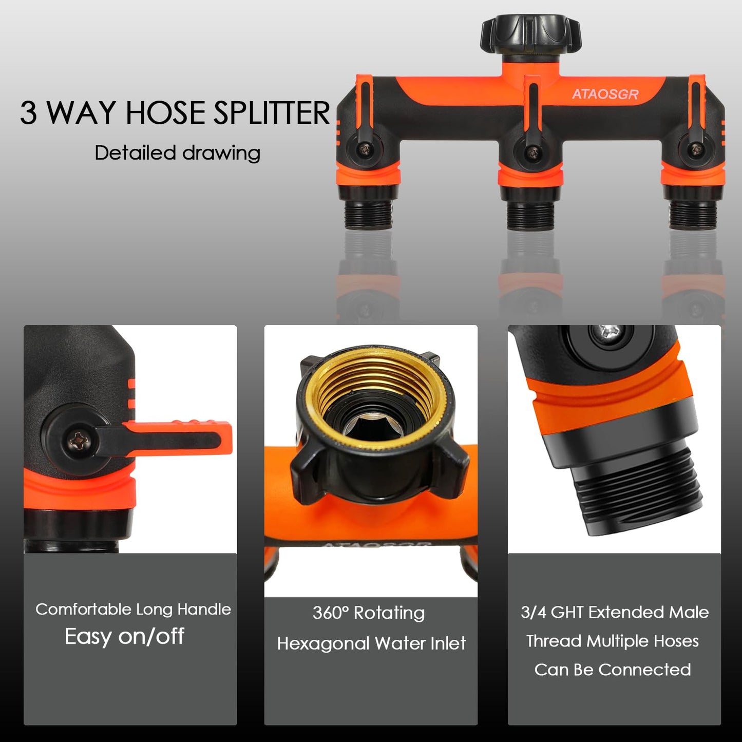 ATAOSGR Garden Hose Splitter 3 Way, Outdoor Faucet Splitter,Tap Adapter, Hose Adapter with 3 Valves Garden Hose Connector for Garden Outdoor Home, Orange