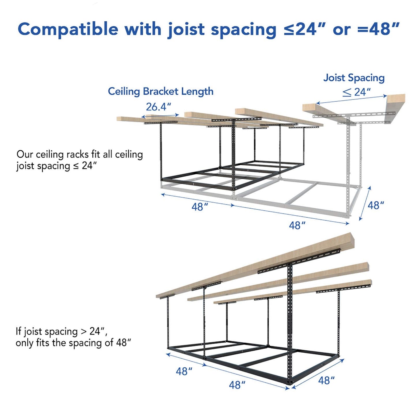 FLEXIMOUNTS 4x8 Overhead Garage Storage Rack without Decking,plus 2-Pack Add-On Storage Utility Hook Accessory,600lbs Weight Capacity,Black