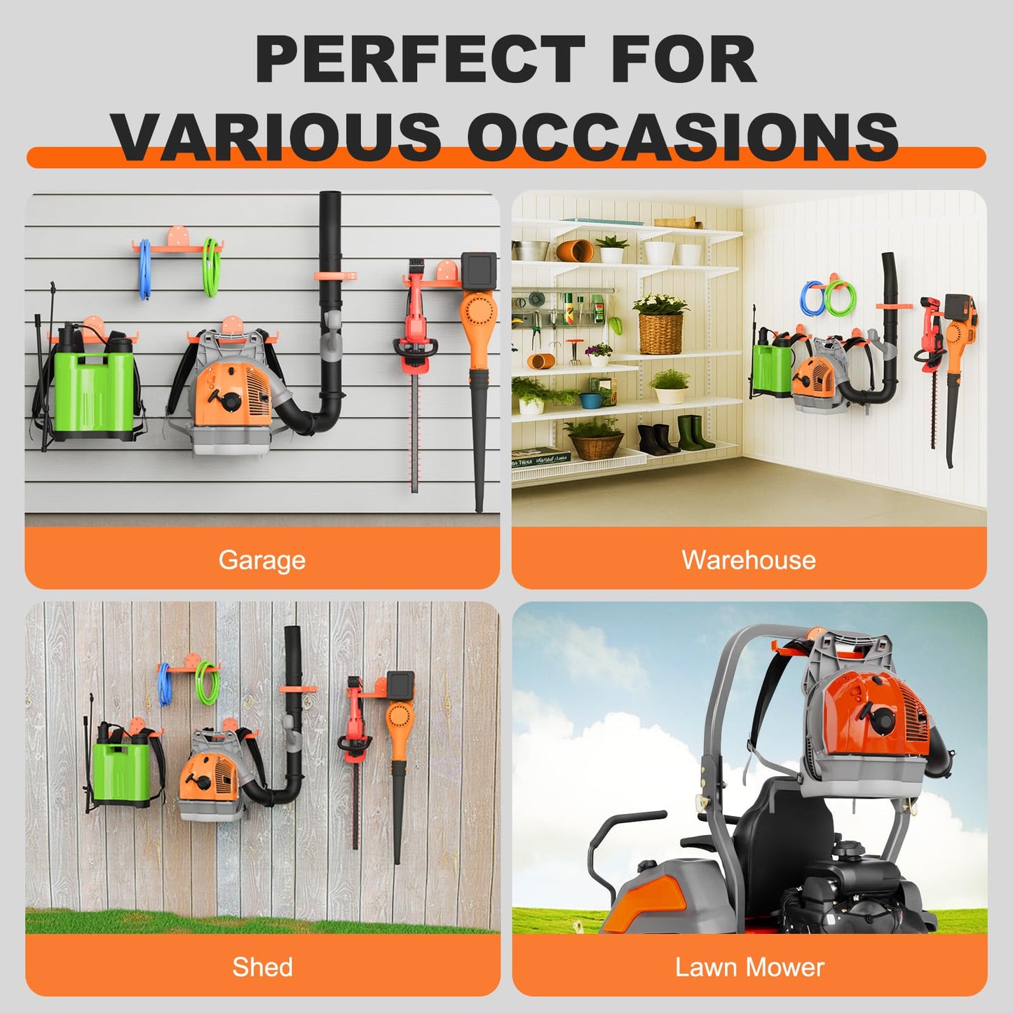 ZSLTLDU 3 Pack Backpack Blower Rack, Heavy Duty Anti-Scratch Leaf Blower Hanger with Hose Holder, Backpack Sprayer Wall Mount for Garage, Warehouse & Outdoor Tool Storage