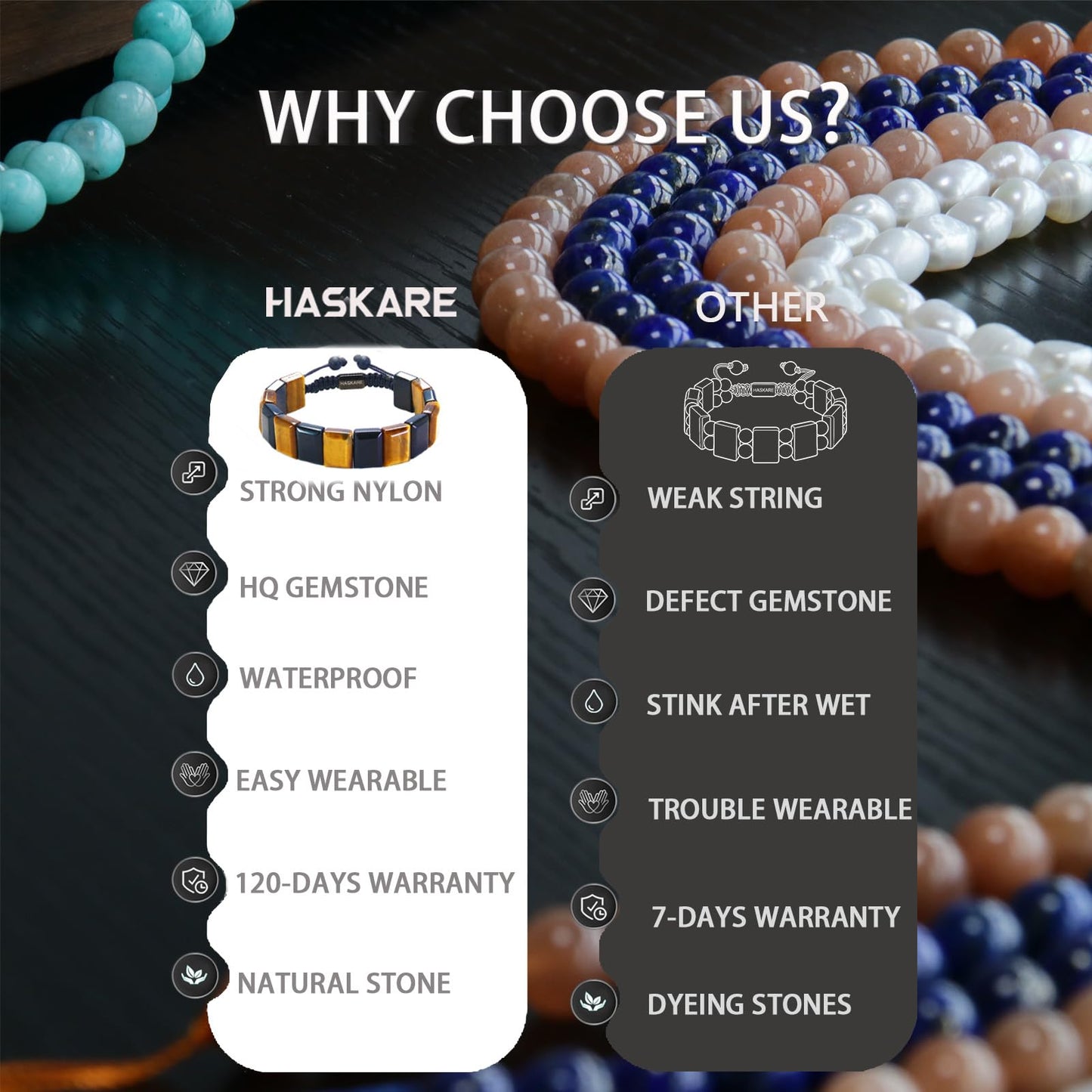 HASKARE Natural Stone Beads Men Bracelet Energy Flatbead Bracelet Genuine Tiger Eye Black Obsidian Beaded Crystals Handcrafted Adjustable Protection Jewelry for Dad Brother Husband