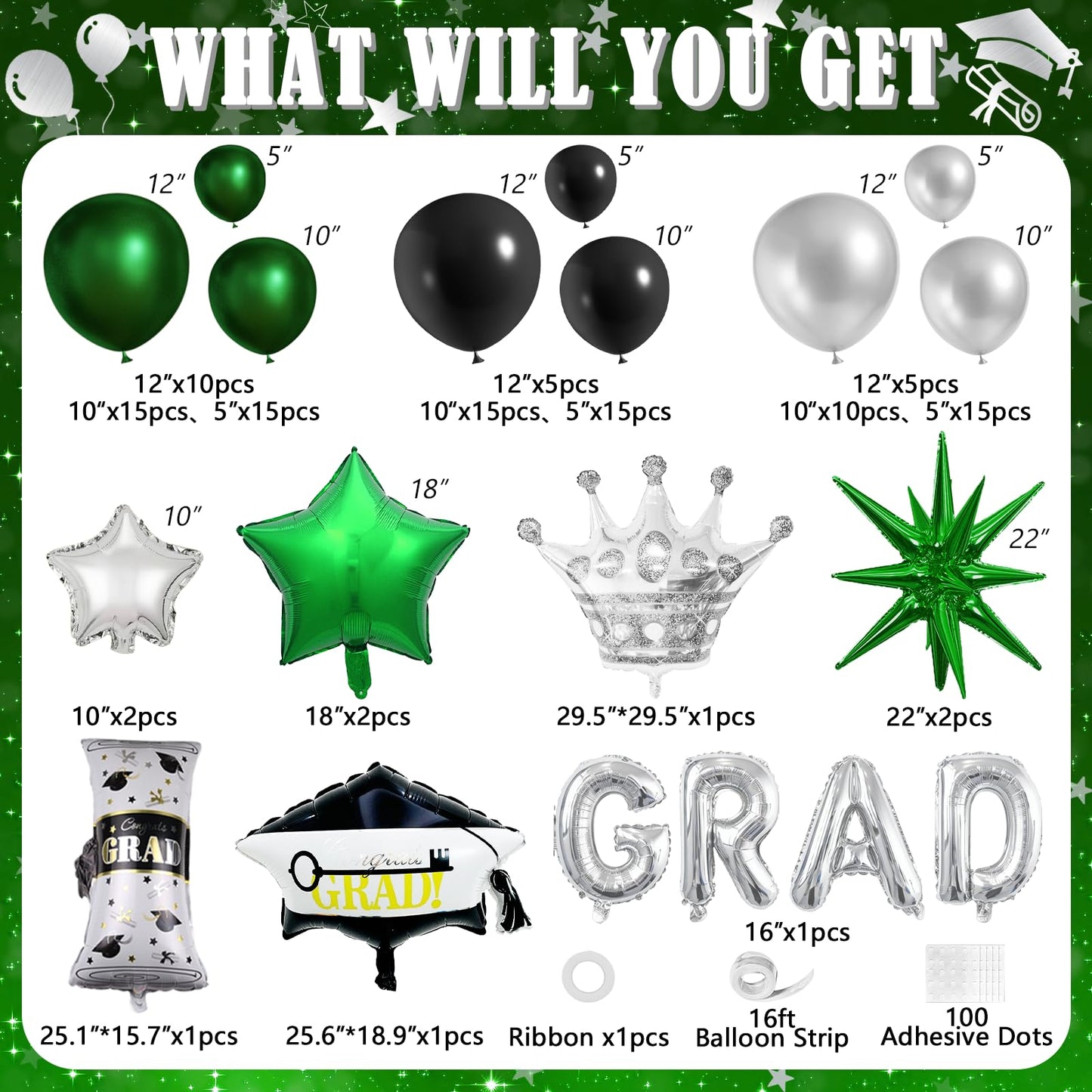 Graduation Balloon Arch Garland Kit Green Black Silver Graduation Decorations 2026 for College High School Class of 2026 Grad Party Prom Decor