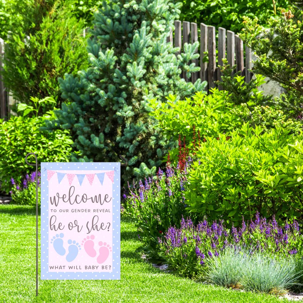 He or She Garden Flag 12x18" Double Sided Pink and Blue Flag Gender Reveal Yard Flag Boy or Girl Baby Footprint Welcome Banner Pregnancy Announcement Baby Shower Decor Gender Reveal Party Supplies