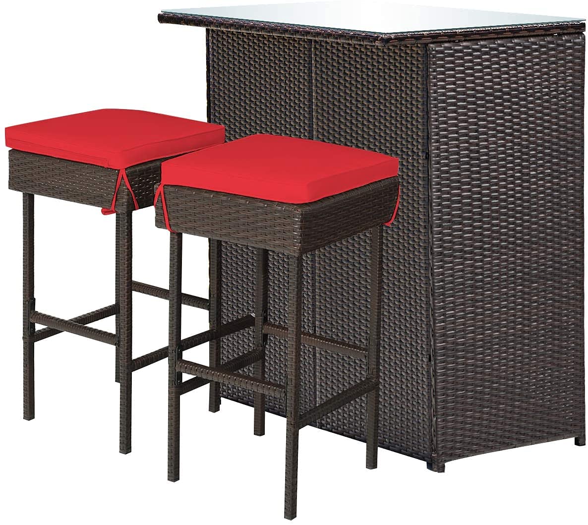 Giantex ReunionG Outdoor Patio Bar Set, 2 Cushions Stools & Glass Top Table, Bar Rattan Set 3-Piece Wicker Bar Stools & Table with 2 Storage Shelves for Lawn Pool Backyard Garden Porches (Red)