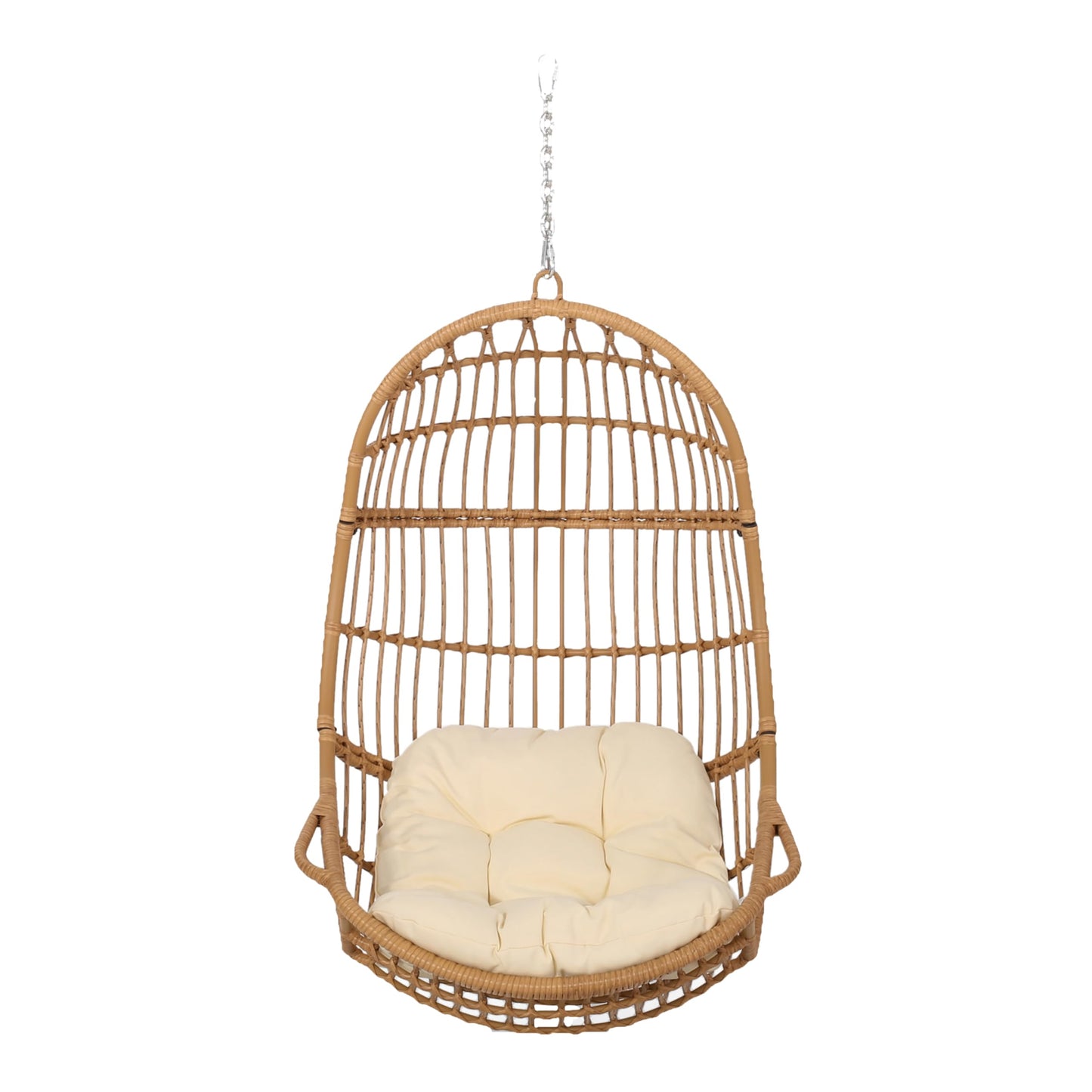 Christopher Knight Home Mariah Wicker Hanging Chair with Cushion, Outdoor Indoor Basket Chair, Boho Garden Lounger Porch Swing Furniture, Modern Patio Decor, Light Brown and Beige