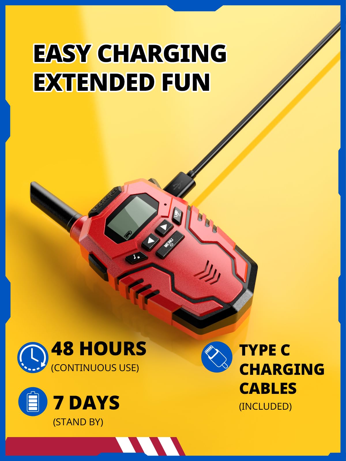 Inspireyes Walkie Talkies for Kids Rechargeable, Long Range 2 Way Radio, Outdoor Camping Games Toy Birthday Xmas Gift for Boys Age 7-12, 2 Pack