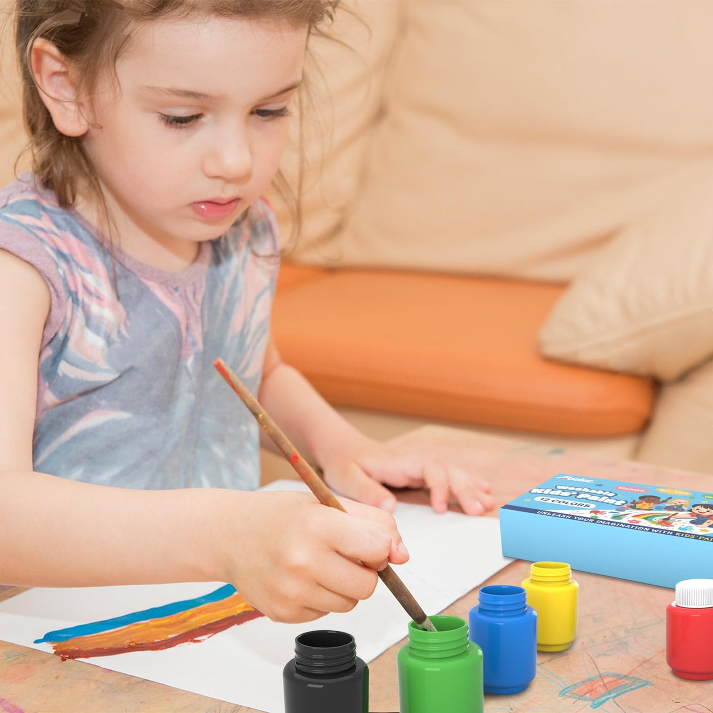 ABEIER Washable Kids Paint, Safe Non-Toxic Finger Paint, 12 Vibrant Colors(2 fl oz) with 3 Paint Brushes, Mess-Free Arts & Crafts Supplies for Toddlers & Grandkids, Ages 3, 4, 5