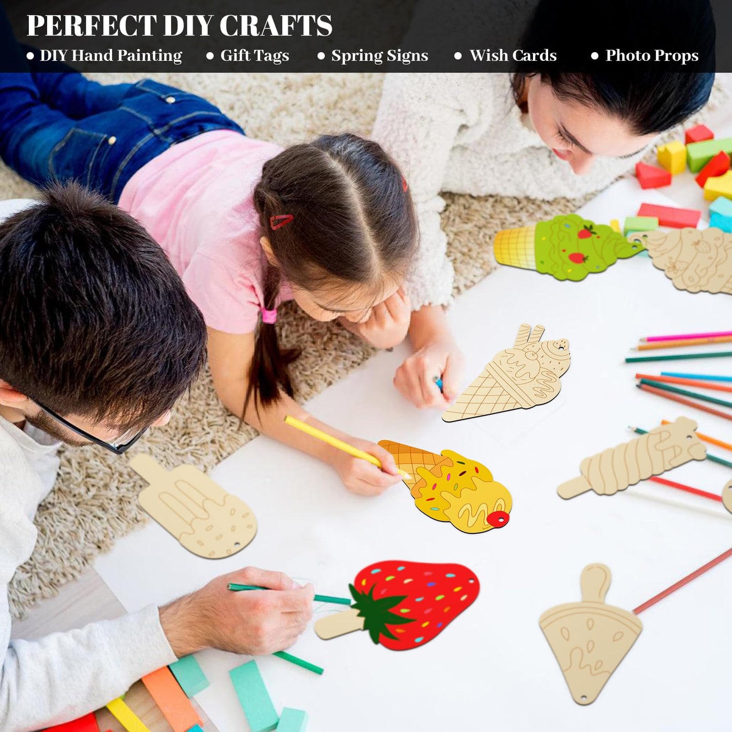 Subacy 80 PCS Unfinished Wood Cutouts 8 Styles DIY Wooden Spring Ornaments, Wooden Art Craft Painting Kit for Kids, Birthday Easter Creativity Arts & Crafts, Ice Cream Shape