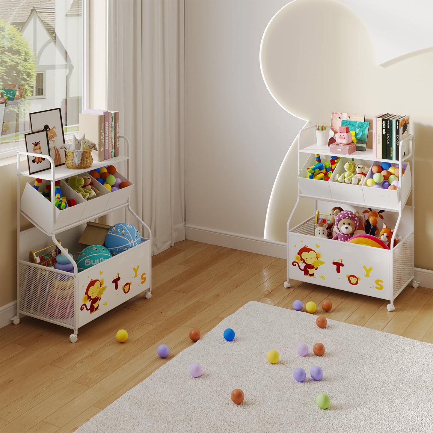 BBLIKE Toy Storage Organizer with Wheels - 3-Tier Kids Large Toy Box, Toy Chest Storage for Boys Girls Toddlers, Kids Bookshelf with 3 Fabric Toy Boxes for Playroom, White