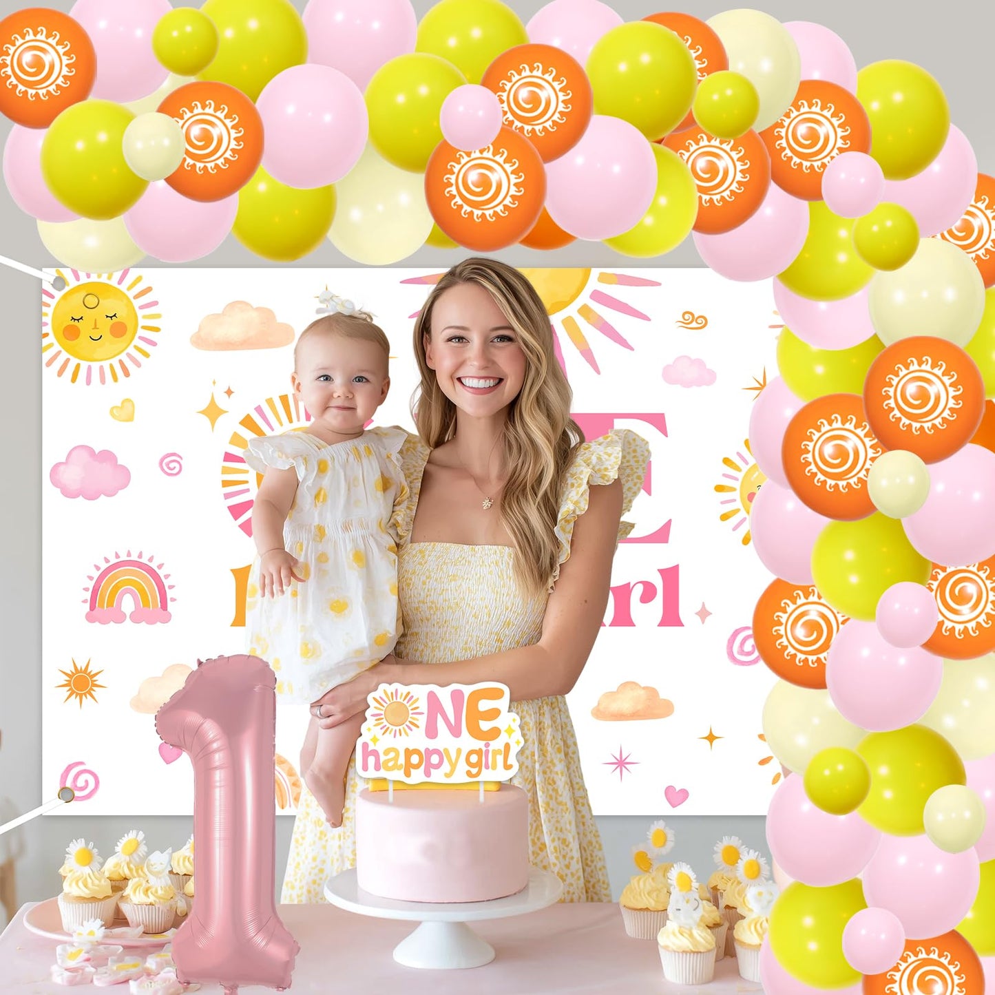 One Happy Girl Birthday Decorations Backdrop Sunshine 1st Birthday Highchair Banner Cake Cupcake Toppers Boho Sun Theme Balloon Garland Arch Kit for Girls Groovy Retro First Trip Around the Sun Party