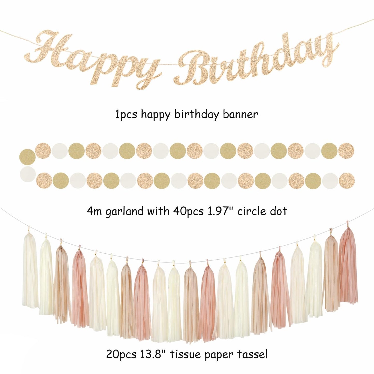 Champagne-Gold Beige 21st Happy-Birthday Party-Decorations - 31pcs Sweet 16 18th Women Girls Paper Lanterns Streamers Banner,Tissue Pom Poms Fans Tassels Graland Decor,Fall Boho Rose Backdrop Hugmoon