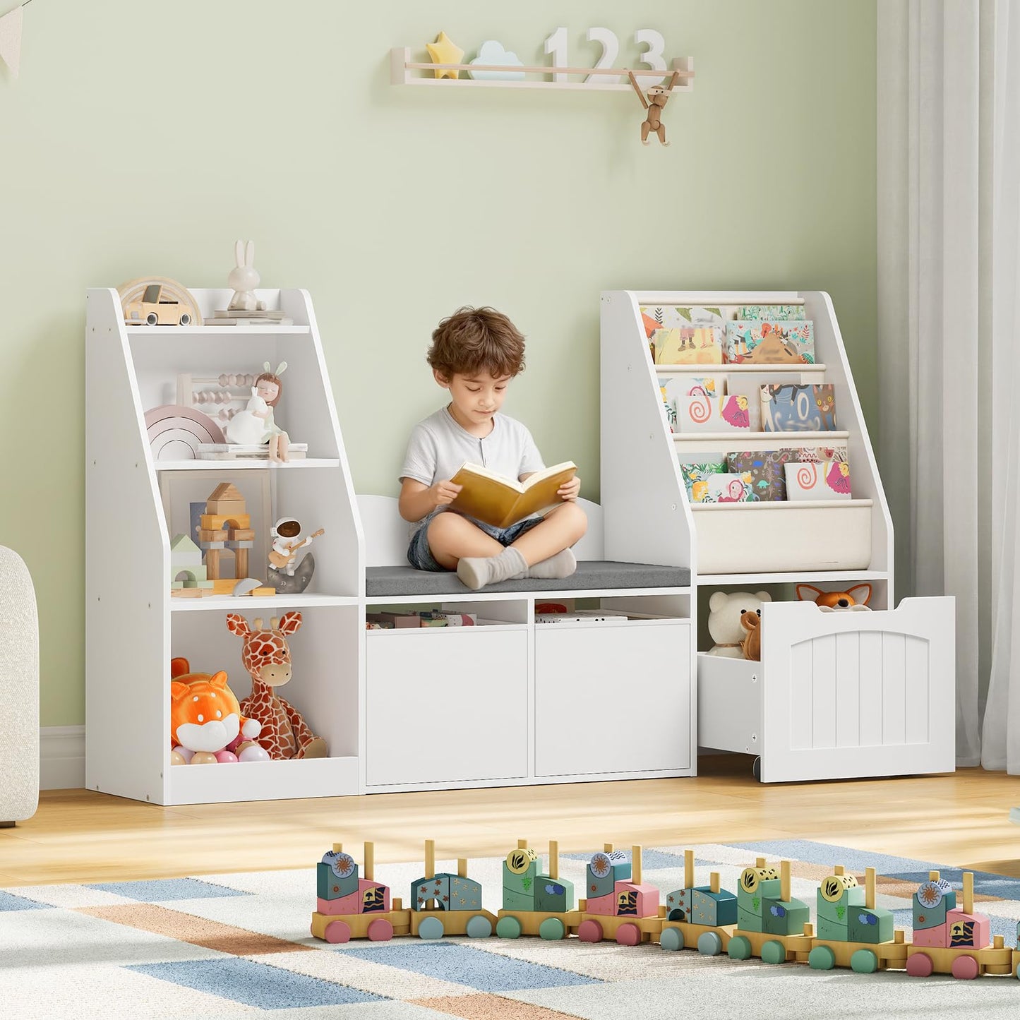 CHOEZON 53.1" Kids Bookshelf with Reading Nook, 4-in-1 Children's Bookcase with Soft Bench, Mobile Drawer & Fabric Bins, Storage Shelves, Bookshelf for Kids, White MCW18WB