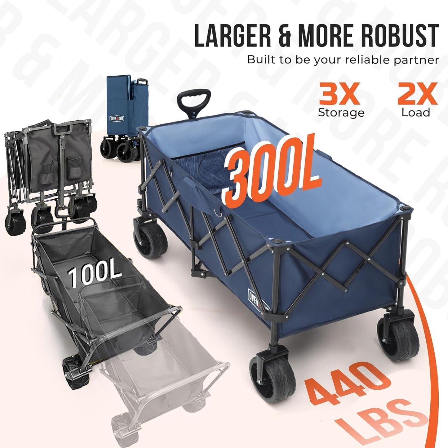Overmont 45'' Collapsible Foldable Extended Wagon Cart - 300L Heavy Duty 440lbs Large Capacity Folding Utility Wagon with All-Terrain Wide Wheels for Camping Sports Grocery Beach