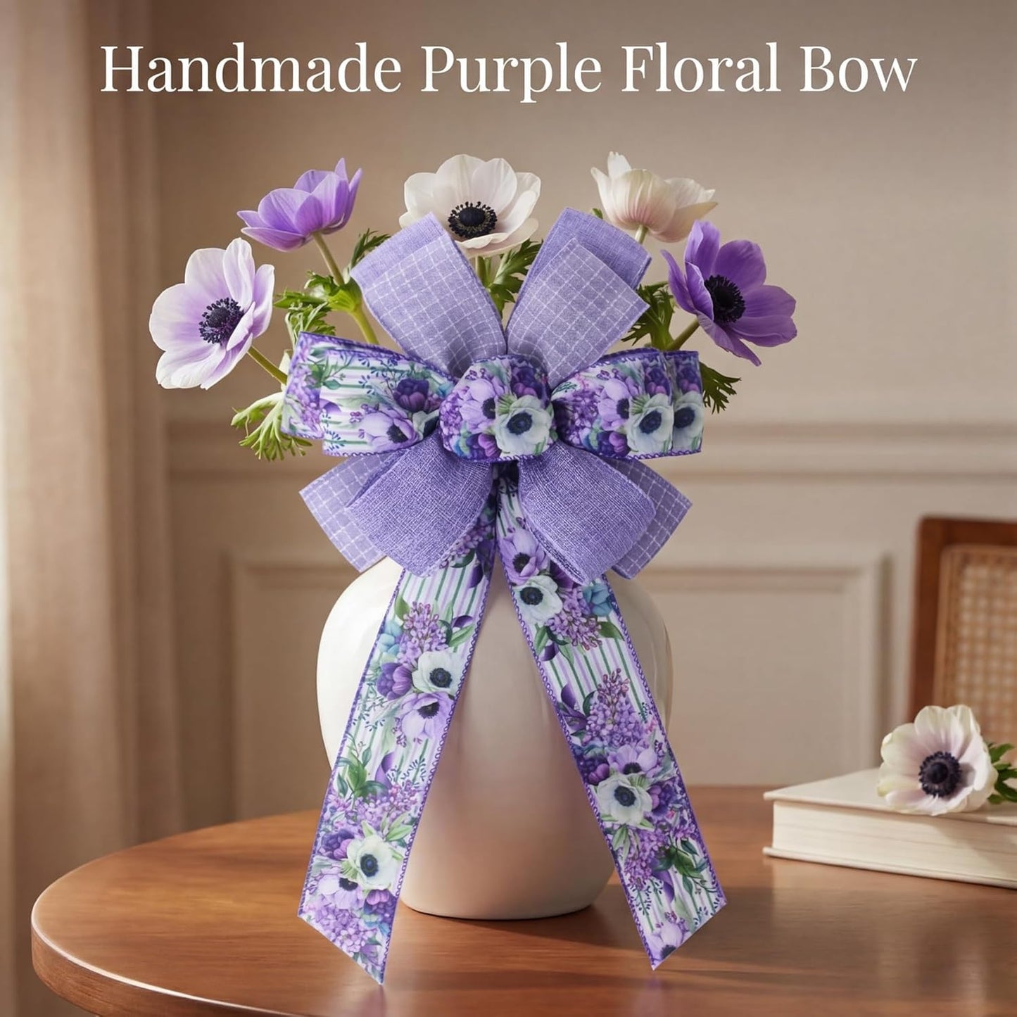 Spring Summer Purple Floral Wired Ribbon, 2.5 InchX 15 Yards Burlap Ribbon for Wreath, Bows, Gift Wrapping, Mother's Day, Wedding & DIY Craft (Purple)