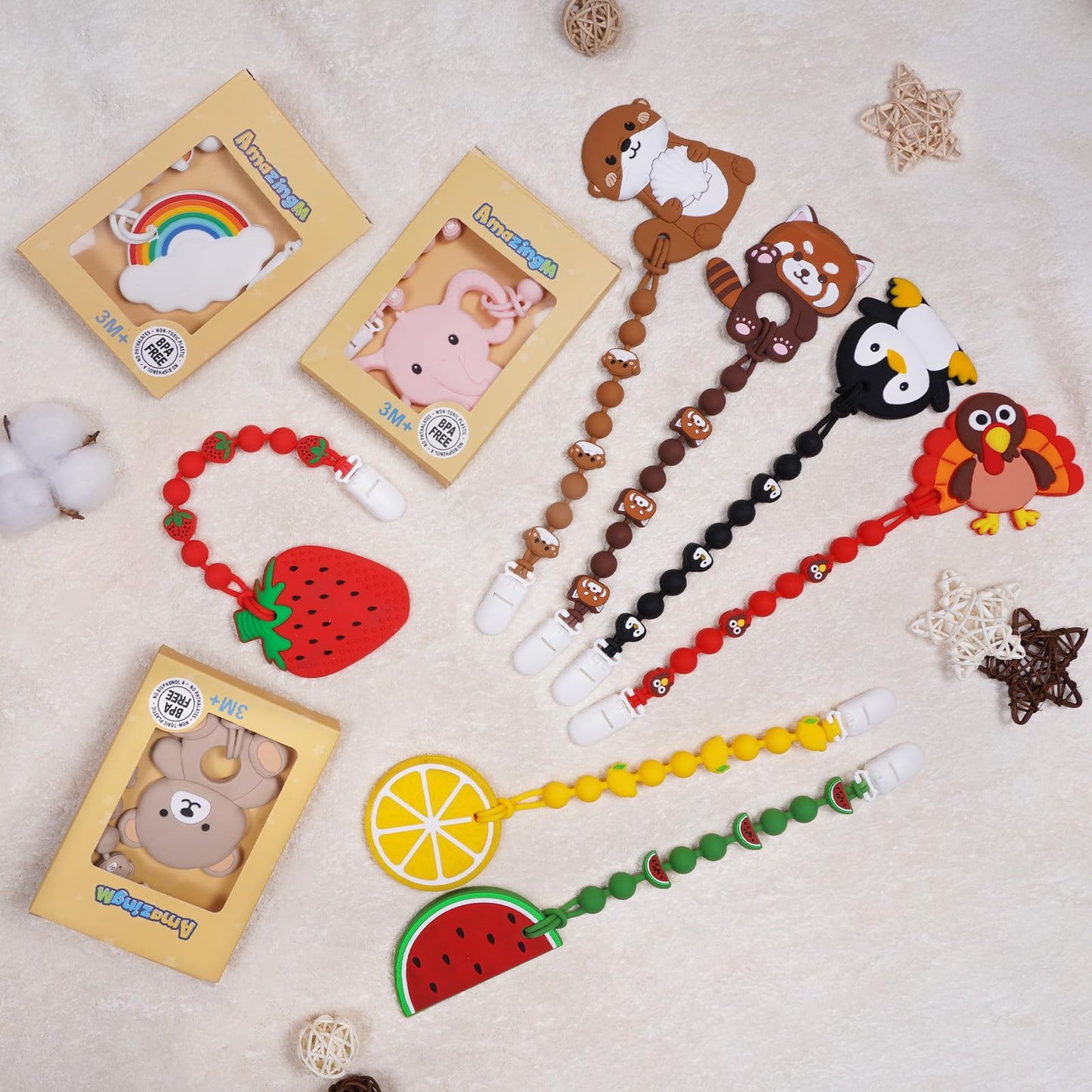 Cute Animal Baby Food Grade Silicone Teether Toy with One Piece Design Pacifier Clip Holder,Teething Pain Relief Toys Gift Set for 3 Months+ Boys and Girls,Freezer Safe,BPA Free (Red Panda)