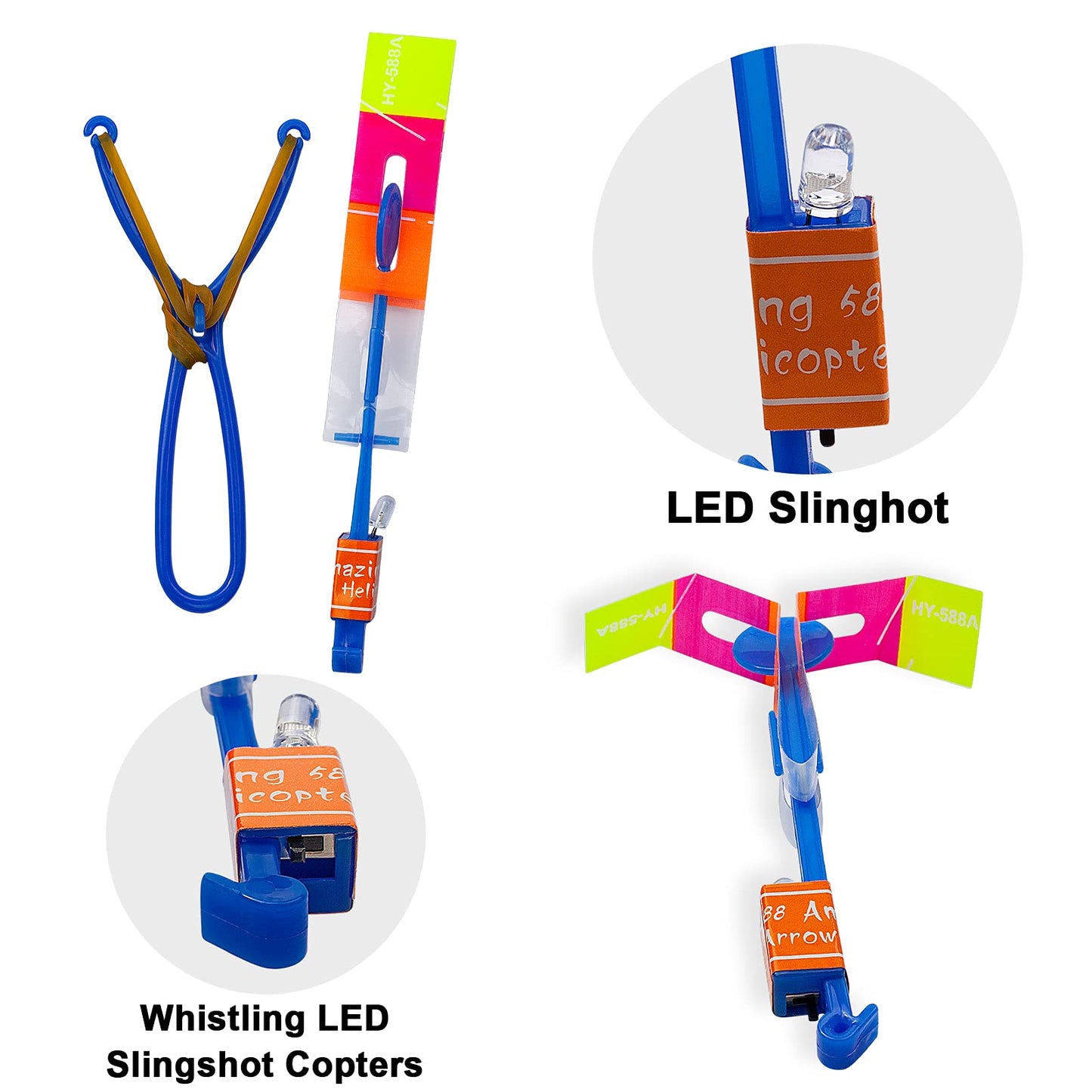 Rocket Slingshot Flying with LED Lights Glow The Dark Party,12 Launchers + 12 LED Helicopters,Slingshot Amazing Arrow Helicopter Glow Supplies for Kids (24 Pieces)