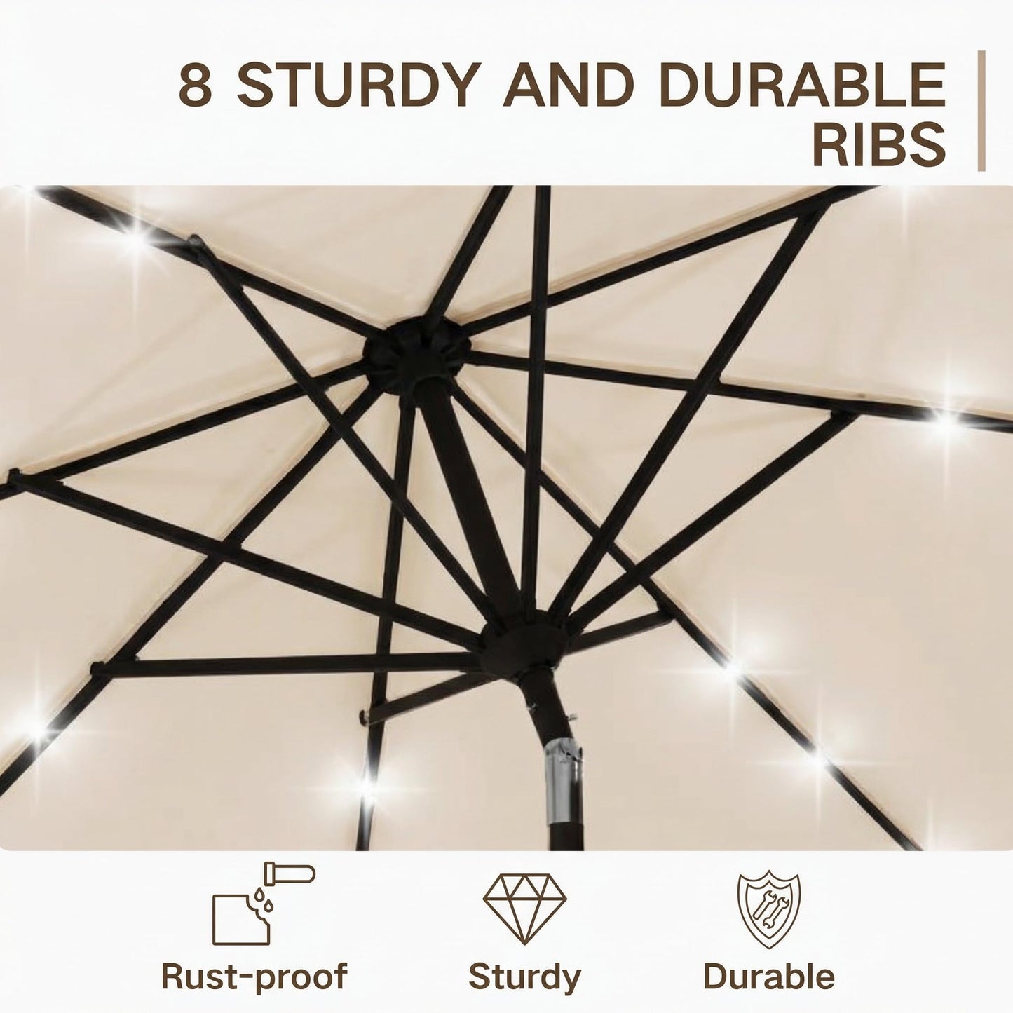 Kingdura 10FT Outdoor Patio Umbrella with Solar Lights, Market Table Umbrella with Push Button Tilt & Crank, 8 Sturdy Ribs, 32 LED Lights, UV Protection for Garden Lawn Deck Backyard Pool (Beige)