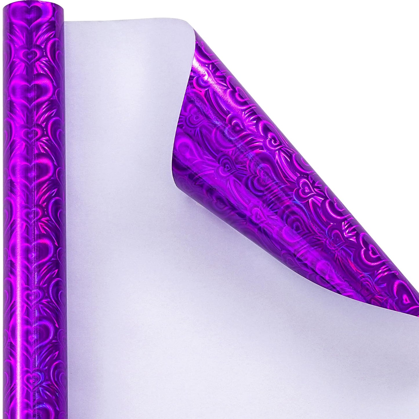 LeZakaa Purple Holographic Wrapping Paper, Metallic Foil Purple Heart for Helloween, Mothers Day, Graduation, Birthday, Valentines, Wedding, Baby Shower, Christmas, Mini Roll, 17 IN x 32.8 FT