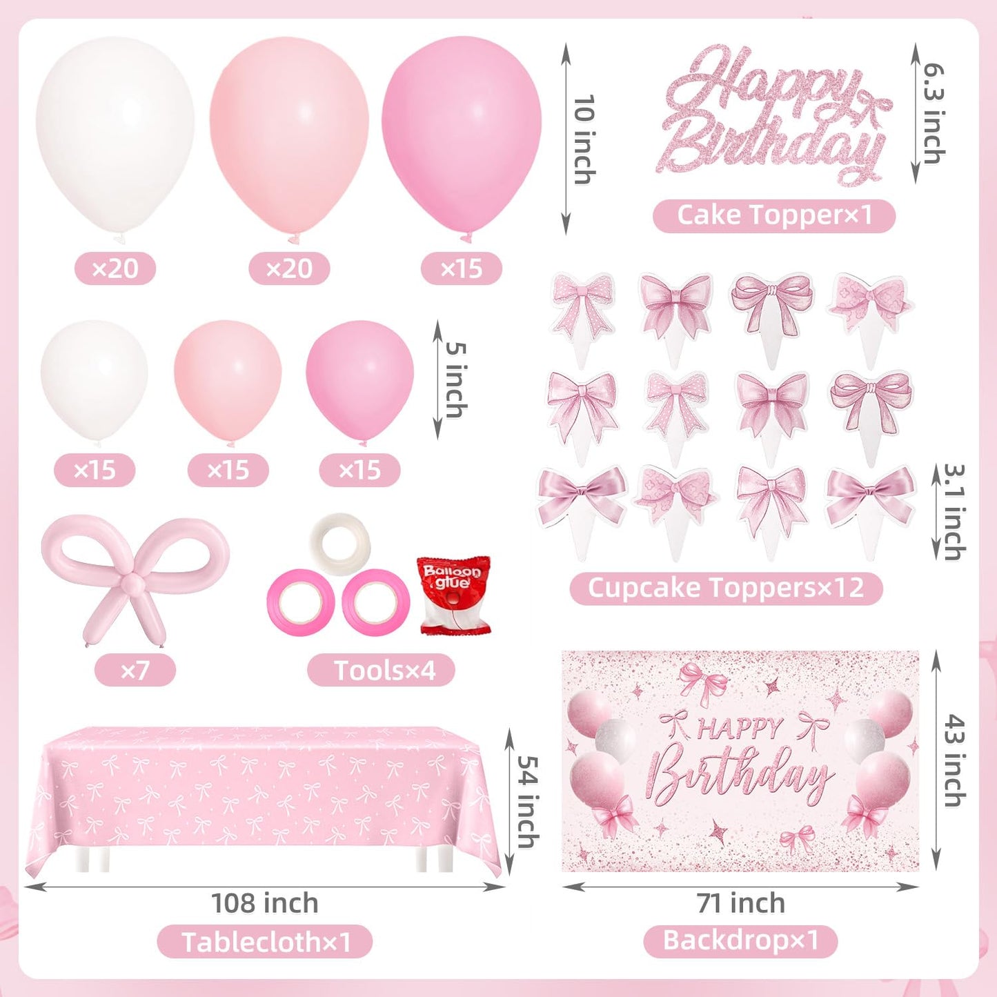 Pink Bow Coquette Birthday Decorations for 24 Guests, Party Supplies with Plates, Napkins, Cups, Balloon Garland Arch, Happy Birthday Banner, Tablecloth, Backdrop, Cake & Cupcake Toppers