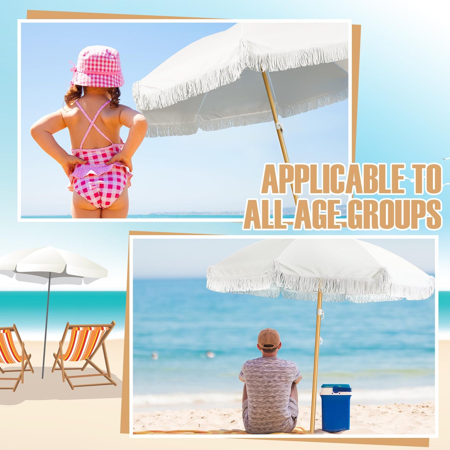 Talltalk 6 Ft Outdoor Beach Patio Umbrella with Fringe, Steel Pole, Steel Ribs and Carry Bag Elegant Table UPF 50+ UV Boho Umbrella for Outdoor Patio Picnic Beach Backyard(White No Steering)