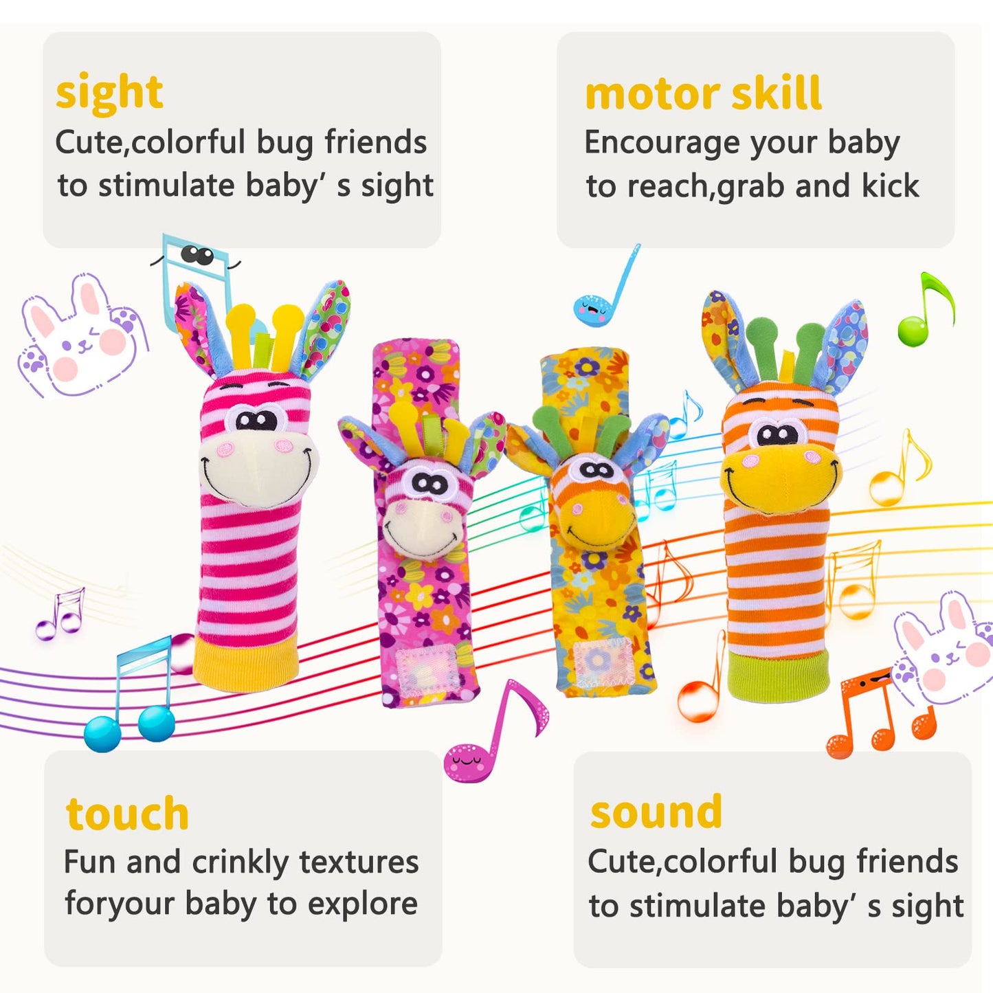 Wrist Rattle Foot Finder Socks Set for Baby Arm Hand Rattle Feet Leg Ankle Socks Newborn Soft Sensory Toys Baby Socks Newborn Rattles Toys Easter Gifts 0-3 6-12 Months Infant Girl Boy