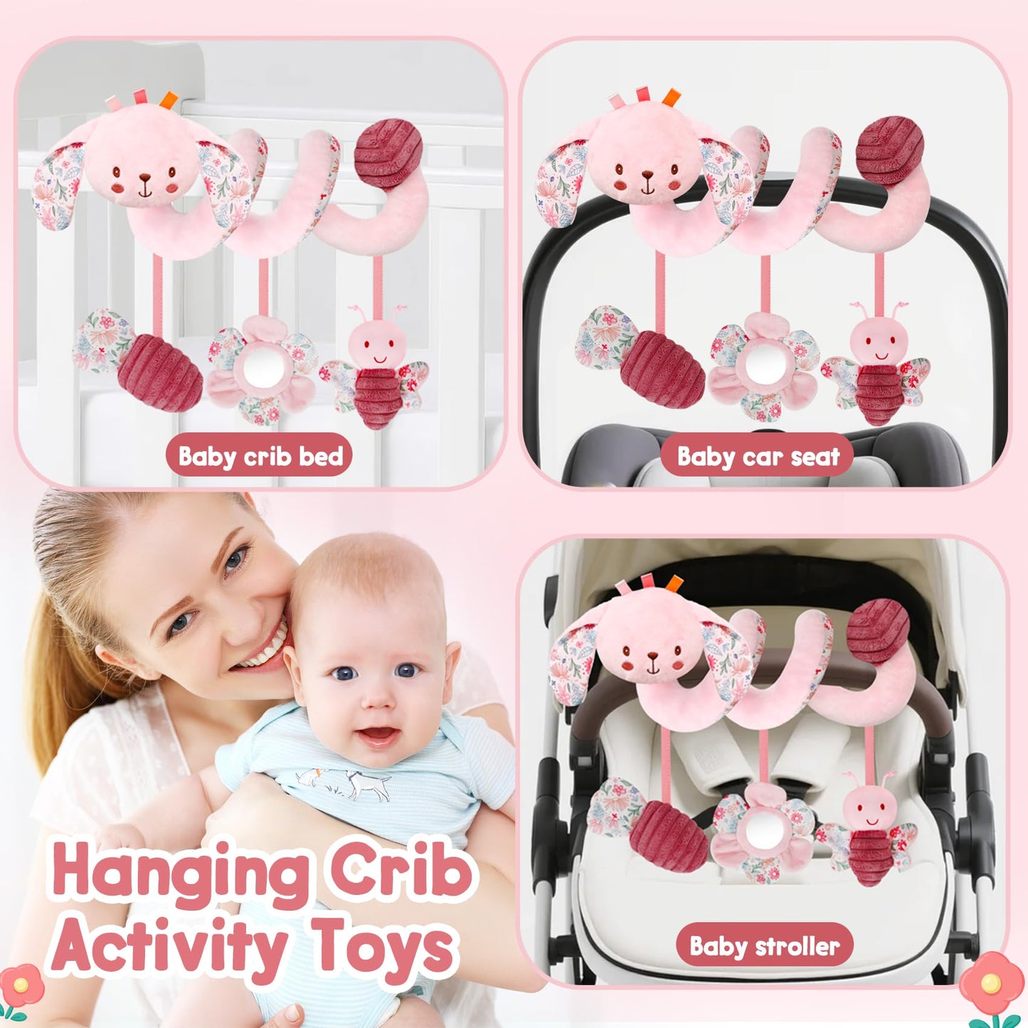 TSYAN Car Seat Toys for Babies 0-6 Months Boy,Baby Spiral Hanging Plush Activity Toys Thank You Gifts for Newborn 0 3 6 9 12 Months Baby Boys Girls