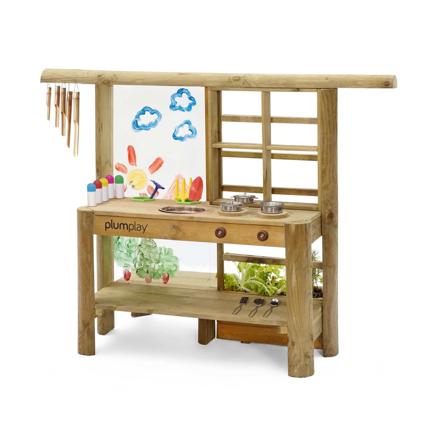 Plum® Discovery Mud Pie Kitchen for Kids Outdoor Toys - Play Toy Kitchen with Accessories, Wooden Kids Playset, with Built-in Gardening Planter and Painting Easel for Kid Age 3+