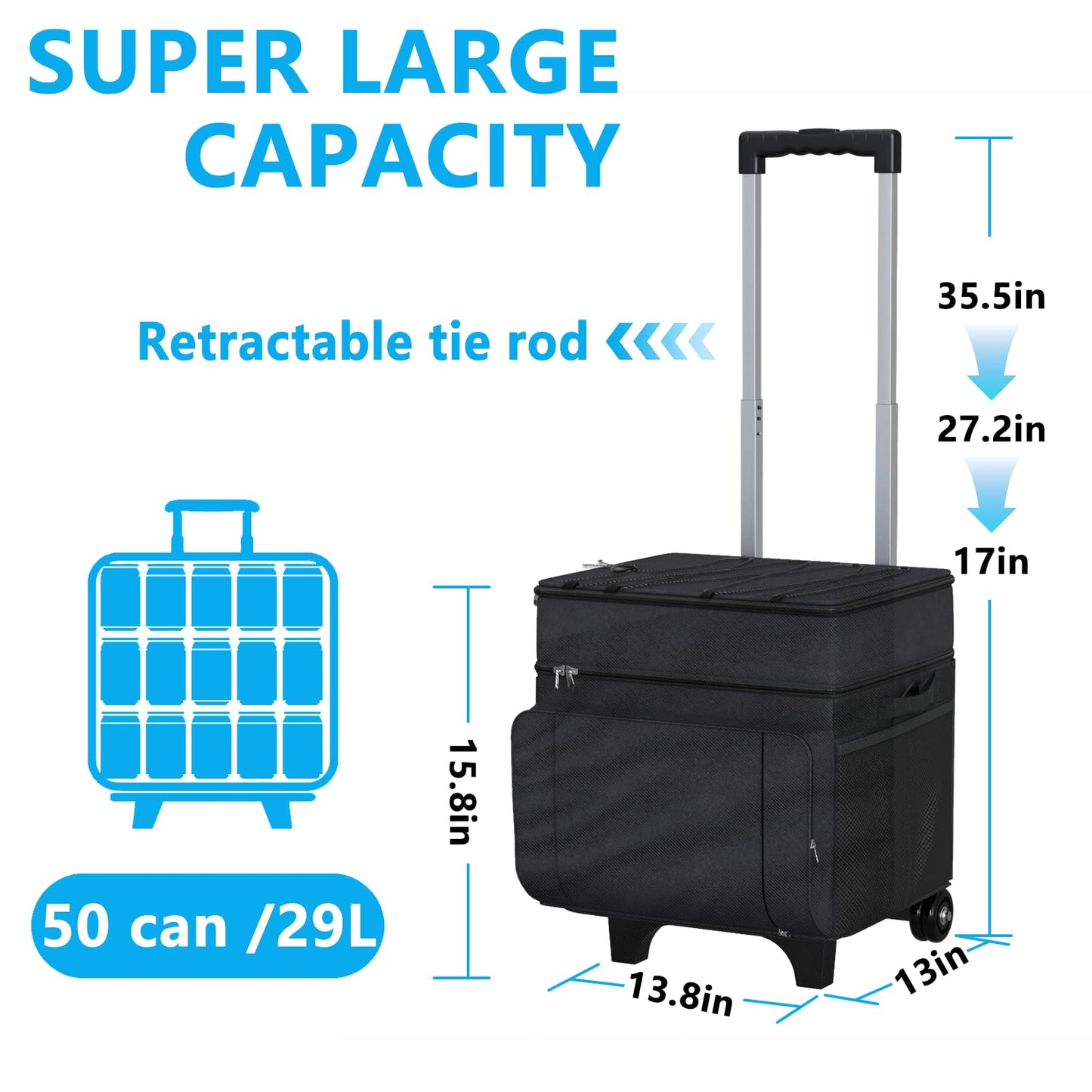Cooler with Wheels and Handle, 50 Can Rolling Cooler, Portable Collapsible Soft Cooler with Wheels, Leakproof Insulated WheeledCooler for Beach, Camping, Patio Travel, Outdoor, Ball Fields