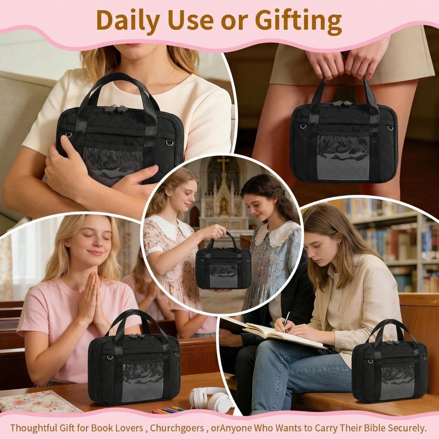 Quilted Bible Cover for Women, Zippered Bible Case with Handle, Bible Organizer Bag w/Multiple Pockets & Pen Slots Lightweight Bible Tote Bag for Church Study, Gifts for Women (Black)