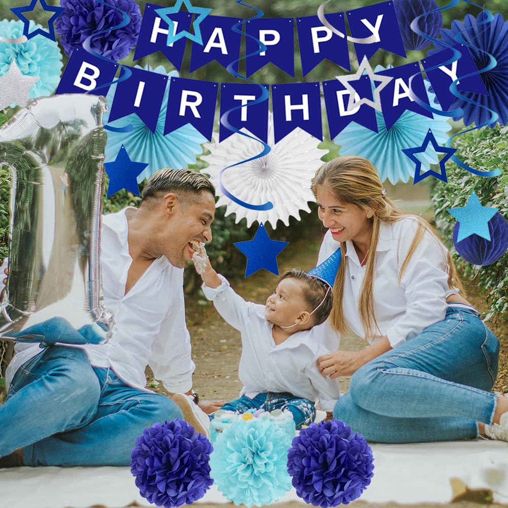 Blue Birthday Decorations for Men Boys Navy Blue Happy Birthday Banner Paper Fans Paper Pom Poms Star Hanging Swirls for Men Women Boys Girls Blue Birthday Party Decor