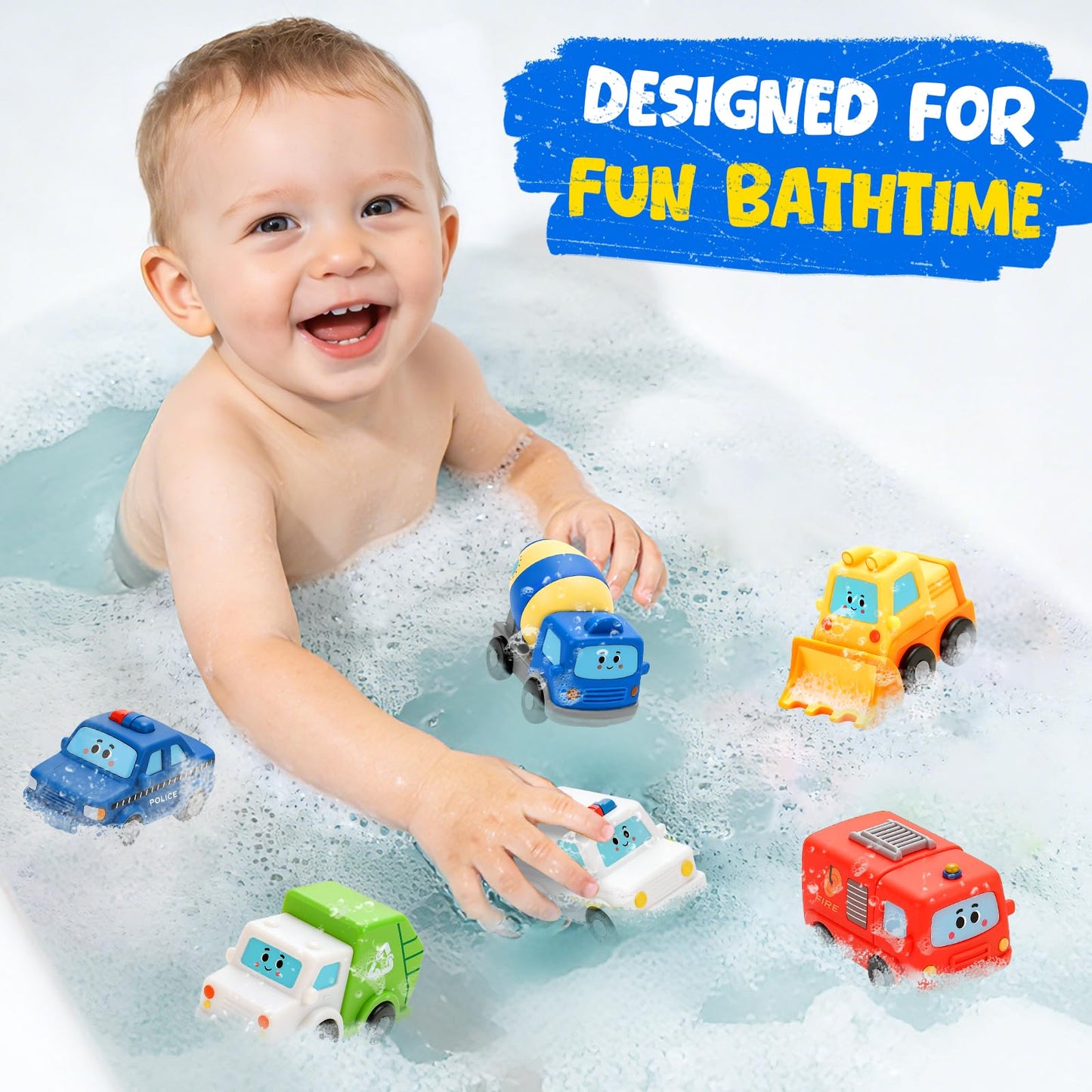 6 Pack Baby Bath Toys for Kids Ages 1-3, No Hole Vehicle Floating Bath Tub Toys for Toddlers 1 2 3 4, Mold Free Bathtub Toys Water Pool Toys for Boys Girls Gift