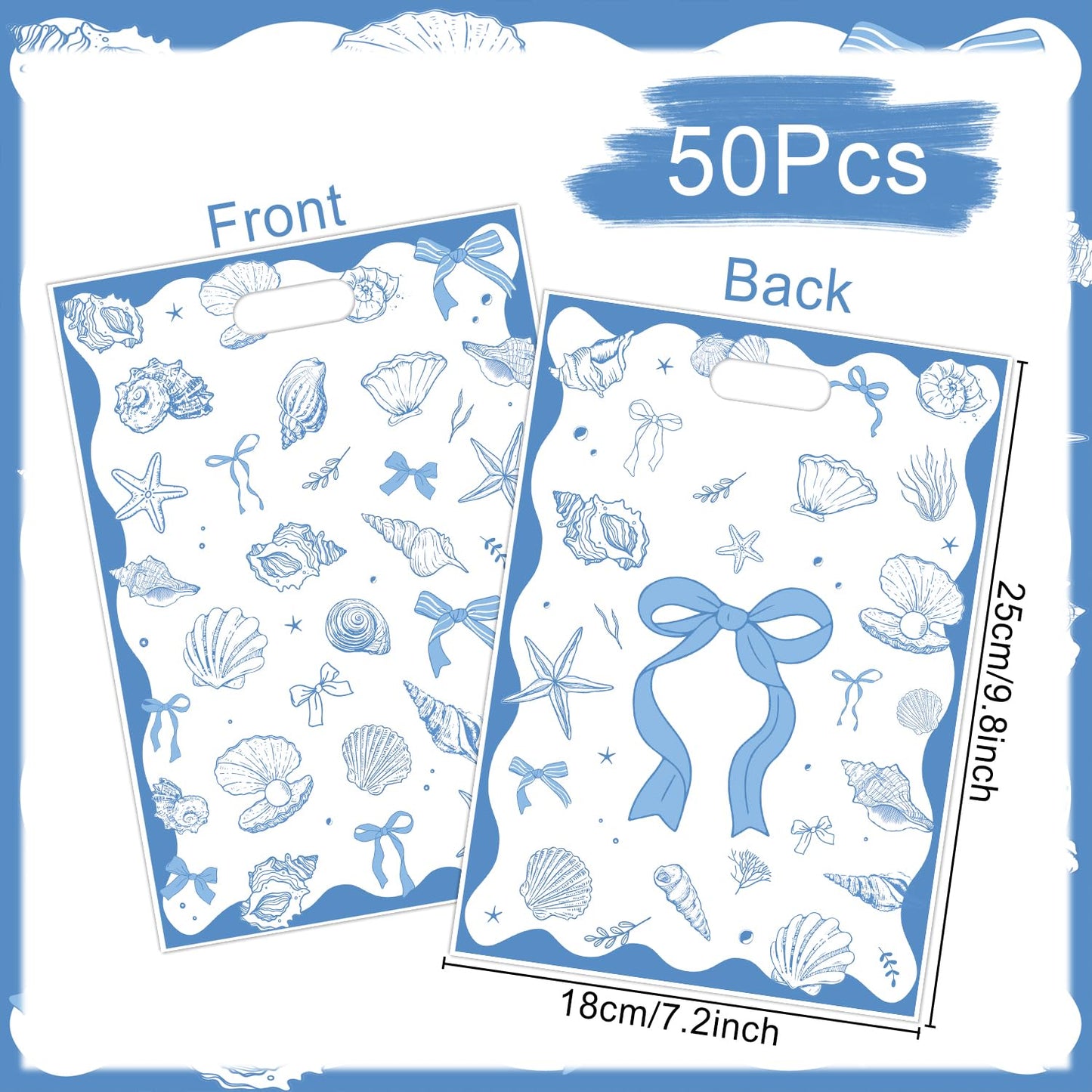 Falueqg Seashell Birthday Party Favors - 50 Pcs Ocean Seashell Beach Goodie Candy Gift Bags Ocean Shell Blue Bow Party Supplies for Summer Wedding Birthday Baby Shower Decorations