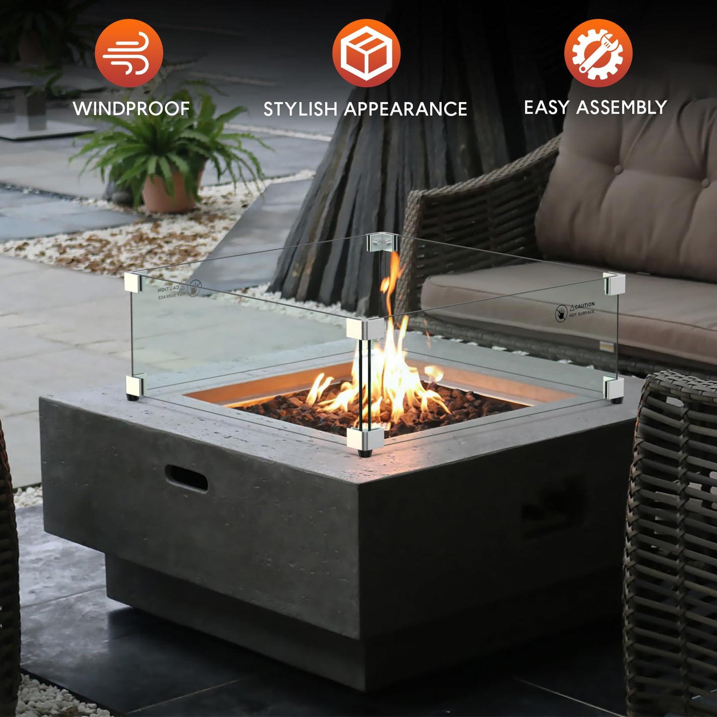 Skyflame 19" Square Fire Pit Screen Glass Wind Guard Replacement for Outdoor