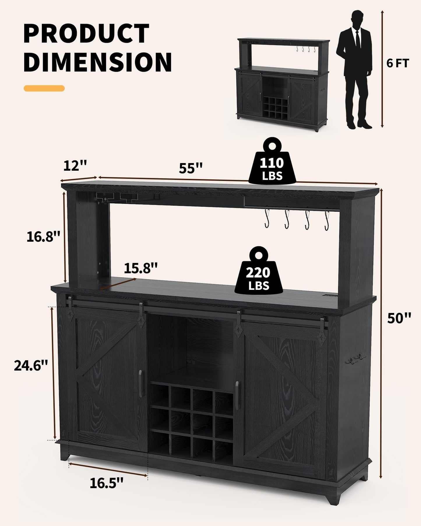 IDEALHOUSE 55" Farmhouse Coffee Bar Cabinet with Power Outlet & LED Light - Sliding Barn Door Buffet with Removable Wine Rack, 2-Tier Drawers, for Kitchen, Dining & Living Room, Black