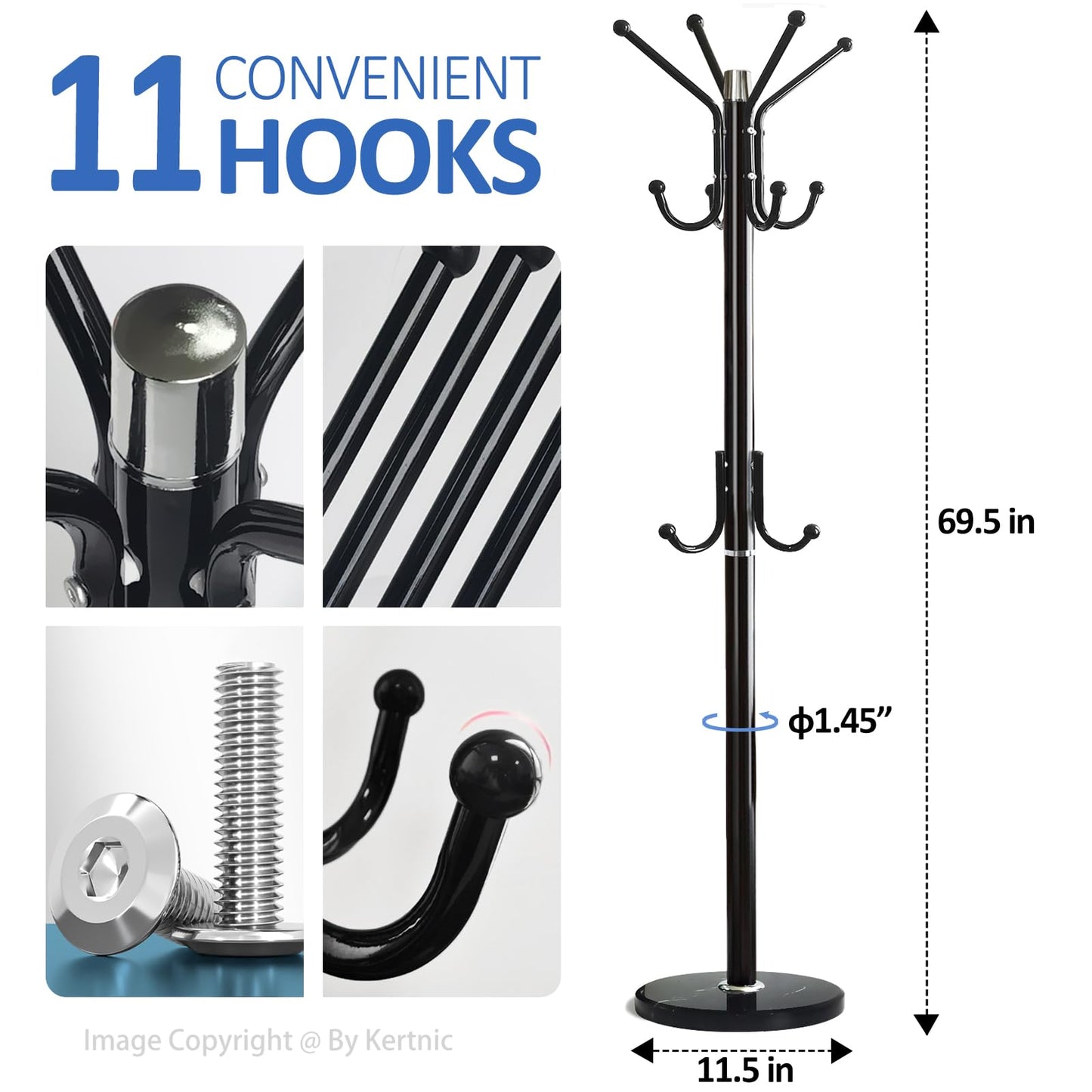 Kertnic Modern Coat Rack Freestanding with Natural Marble Base & Sturdy Metal Frame, 11 Hooks Hall Tree for Jackets, Hats, Bags, Entryway Organizer for Bedroom, Living Room, Closet (11 hooks-Black)
