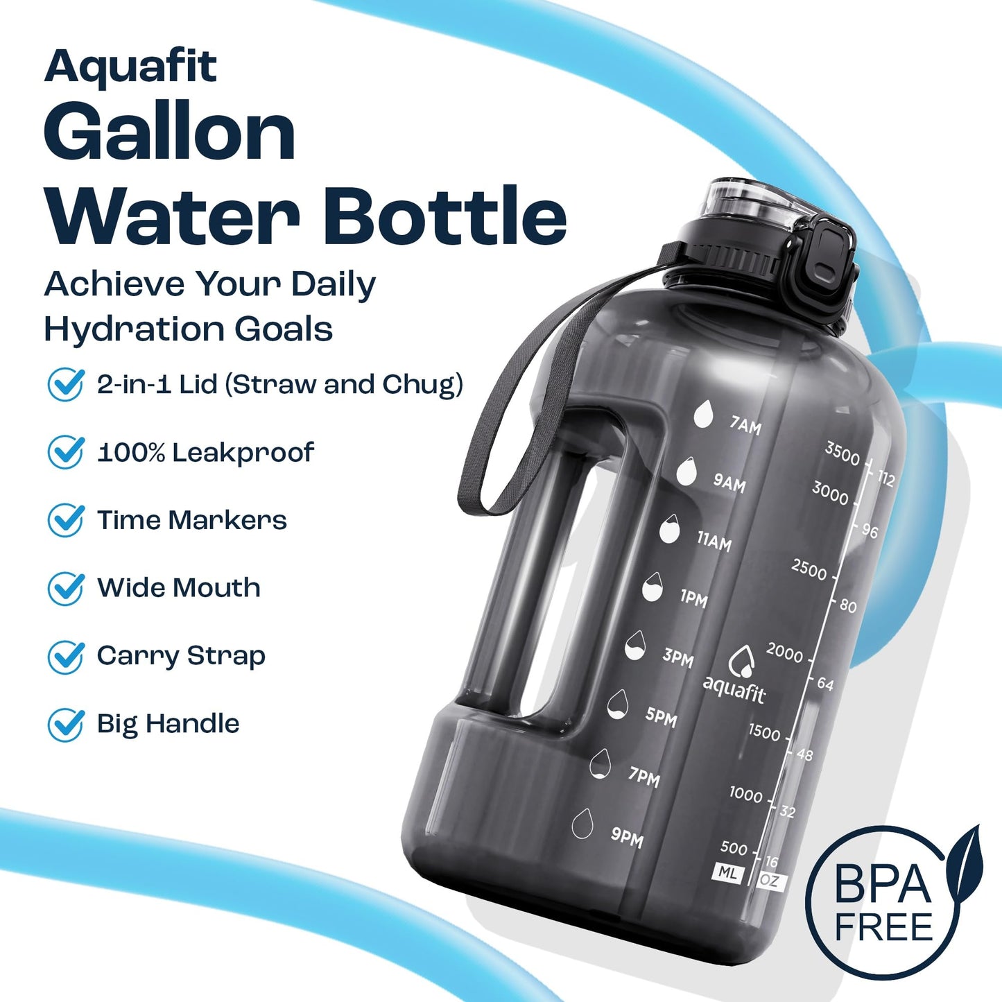 AQUAFIT 1 Gallon Water Bottle with Time Marker - Straw & Chug Lid - BPA Free Gym Water Bottle with Straw - Big Gallon Jug (Gray, 128 oz - 2in1 Lid)