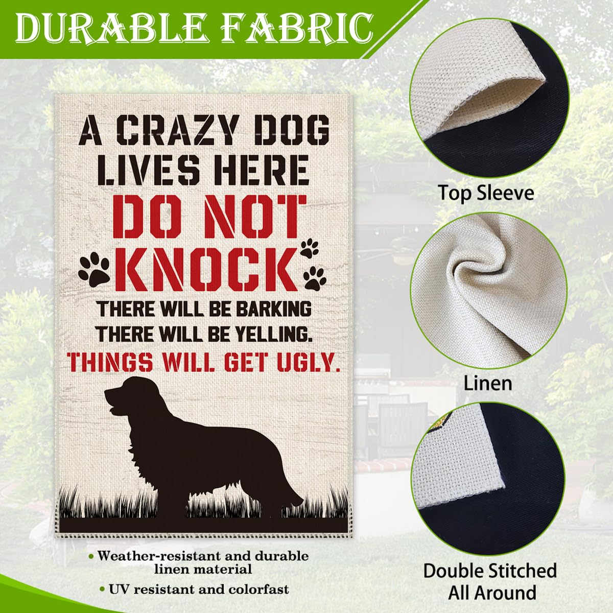 Hafhue A Crazy Dogs Live Here Do Not Knock They Will Bark Welcome Garden Flag, Yard Outdoor Farmhouse Home Decorations 12x18 In Waterproof Double Sided Printing, Funny Yard Flag Gift for Dog Lover