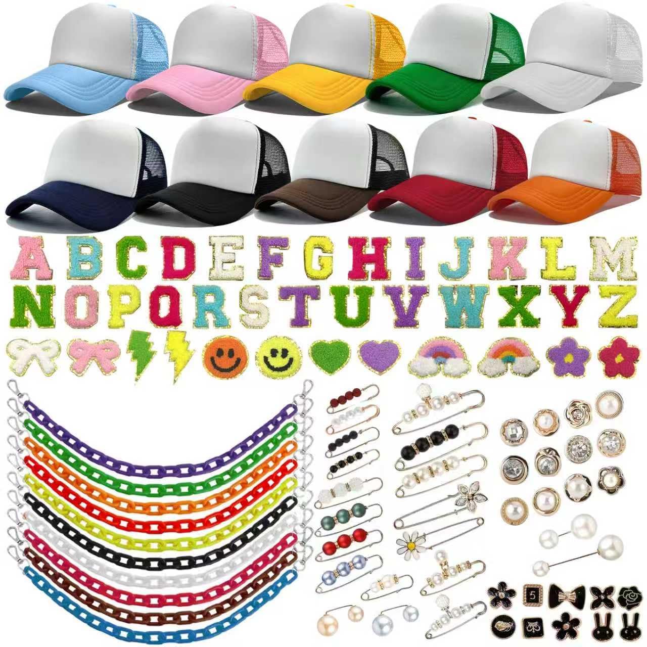 10 Pack Blank Trucker Hats DIY Kit Sublimation Youth Mesh Baseball Caps Adjustable with Bulk Colorful Trucket Hat Charms Chain Letter Embroidered Patches Pearl Pin Brooch Accessories for Women Men Par